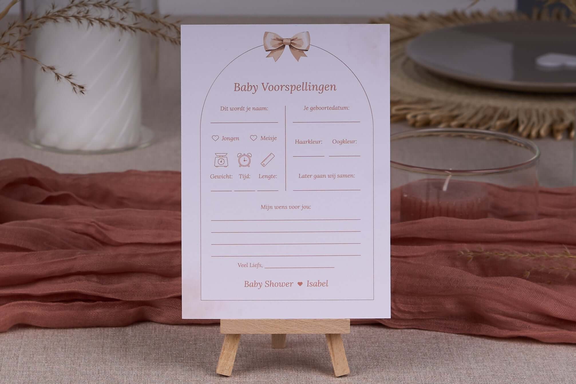 Hero image Studio Miron – Baby Voorspellingen kaart voor babyshower in boho stijl, gepersonaliseerd met naam