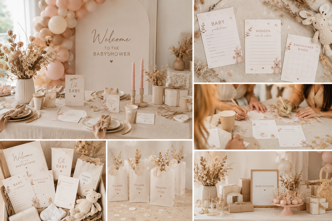 Babyshower tafel met welkomstposter, invulkaarten en decoratie in rustige Studio Miron stijl