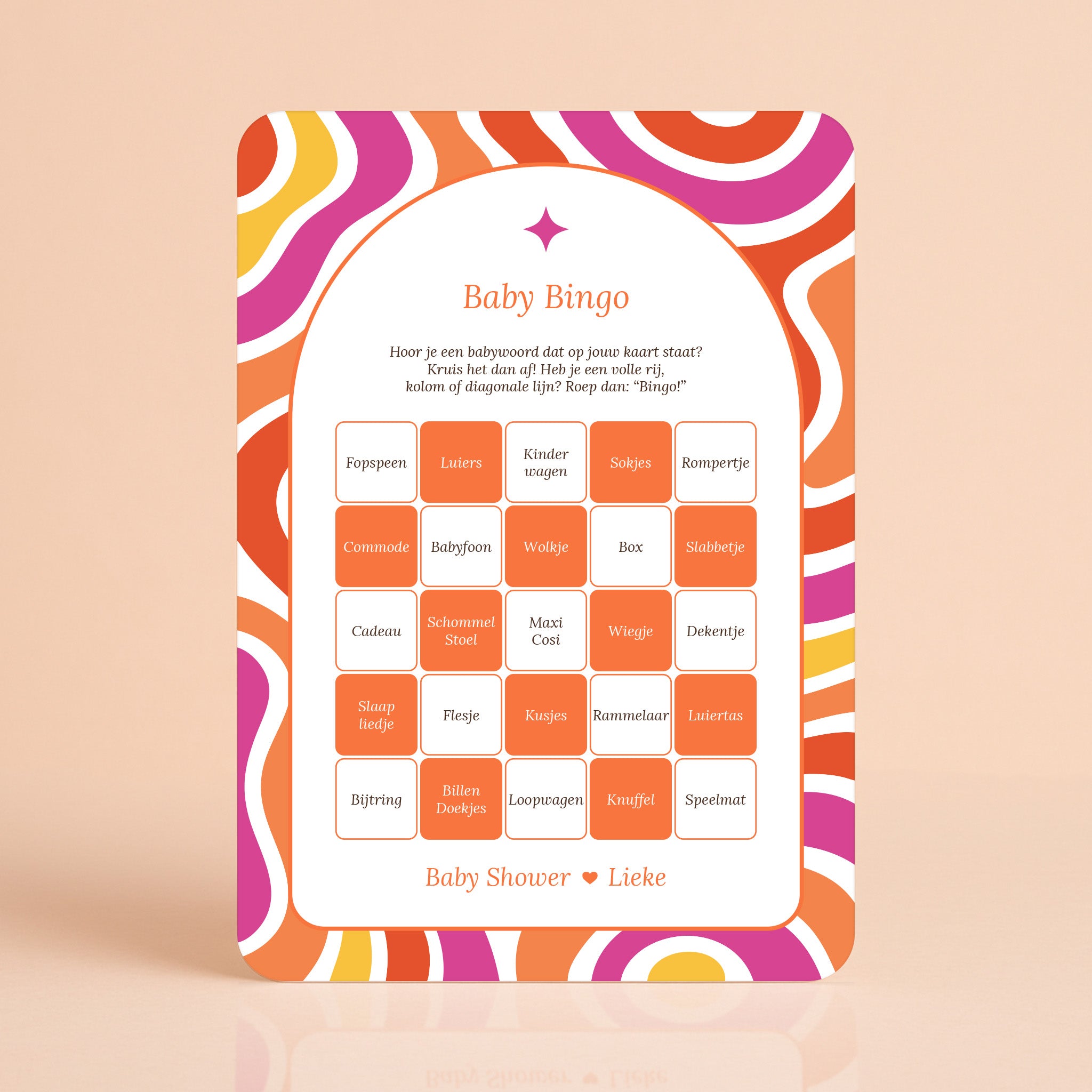 Baby Bingo kaart in Flower Power stijl in rood, paars, oranje en geel, gepersonaliseerd met naam – Studio Miron