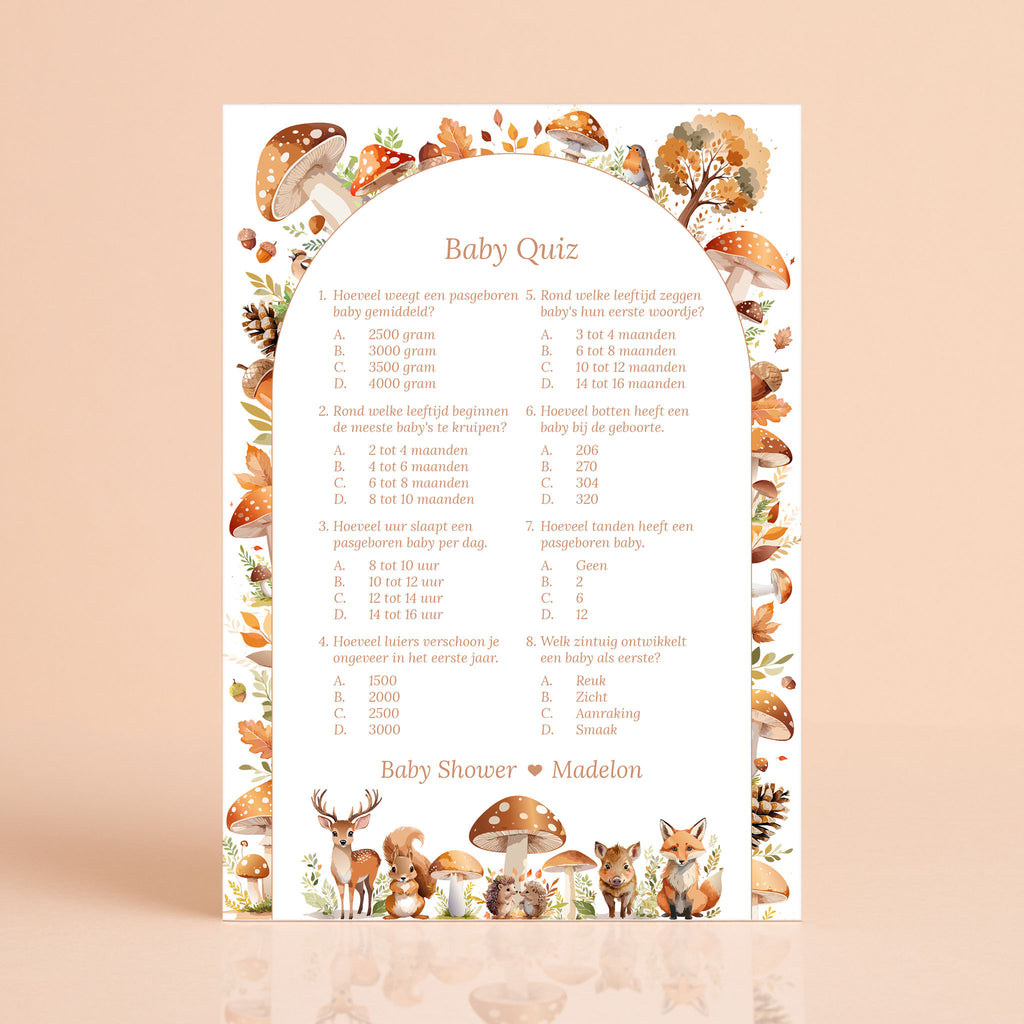 Baby Quiz kaart in Bosdieren stijl met hert, vos en herfstbladeren, gepersonaliseerd met naam – Studio Miron
