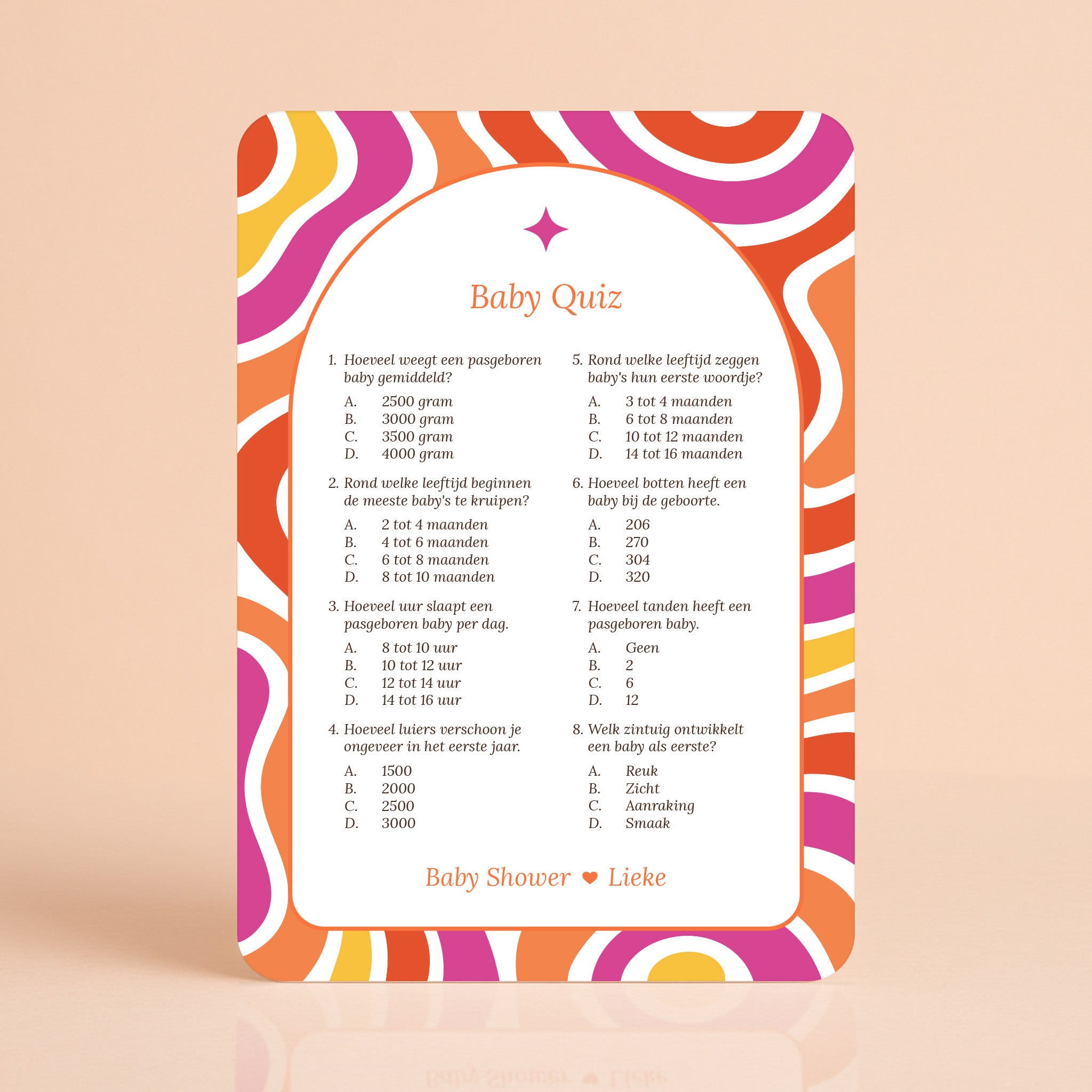 Baby Quiz kaart in Flower Power stijl in rood, paars, oranje en geel, gepersonaliseerd met naam – Studio Miron