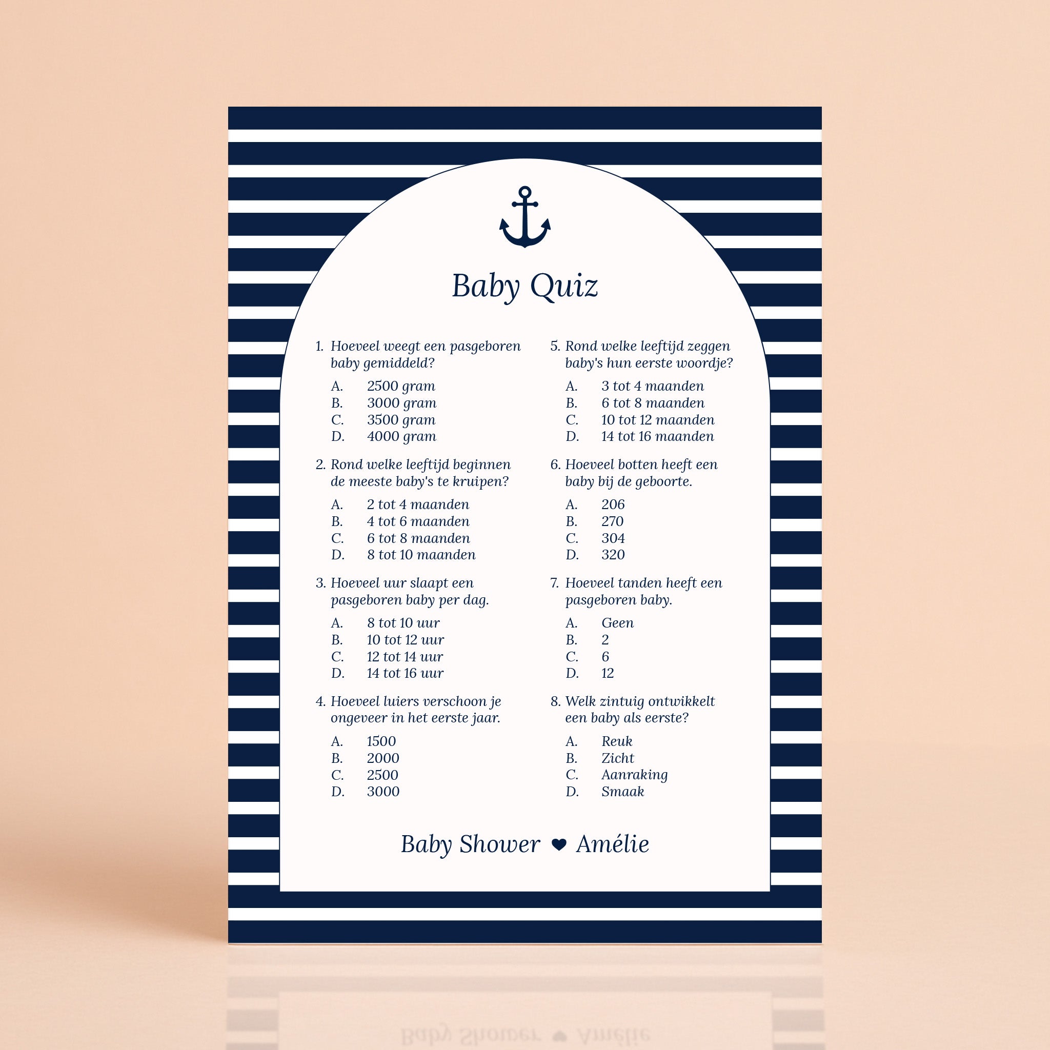 Baby Quiz kaart in Navy Blue met streepjes, gepersonaliseerd met naam, Studio Miron