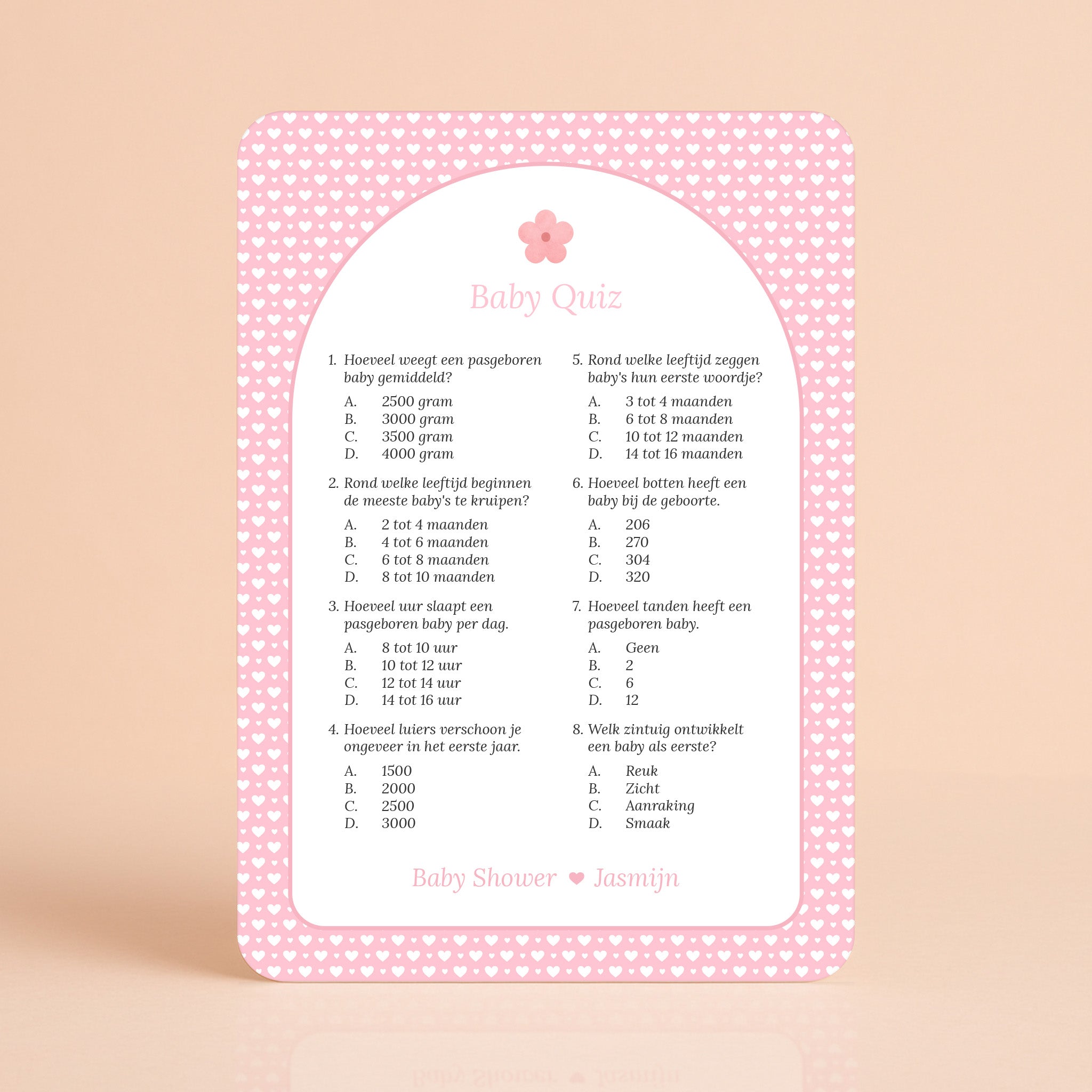 Baby Quiz kaart met witte hartjes op roze achtergrond en bloemaccent, gepersonaliseerd met naam – Studio Miron
