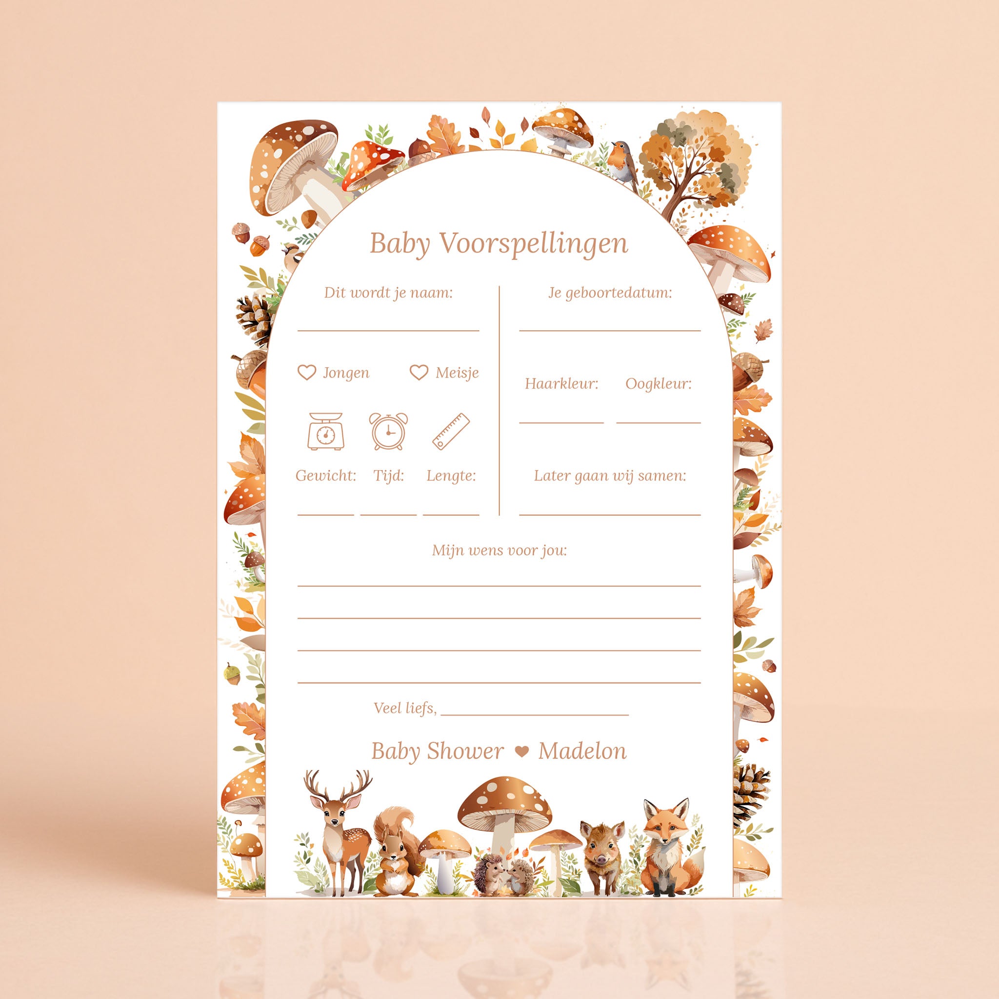 Baby Voorspellingen kaart in Bosdieren stijl met hertje, egels en paddenstoelen, gepersonaliseerd met naam – Studio Miron