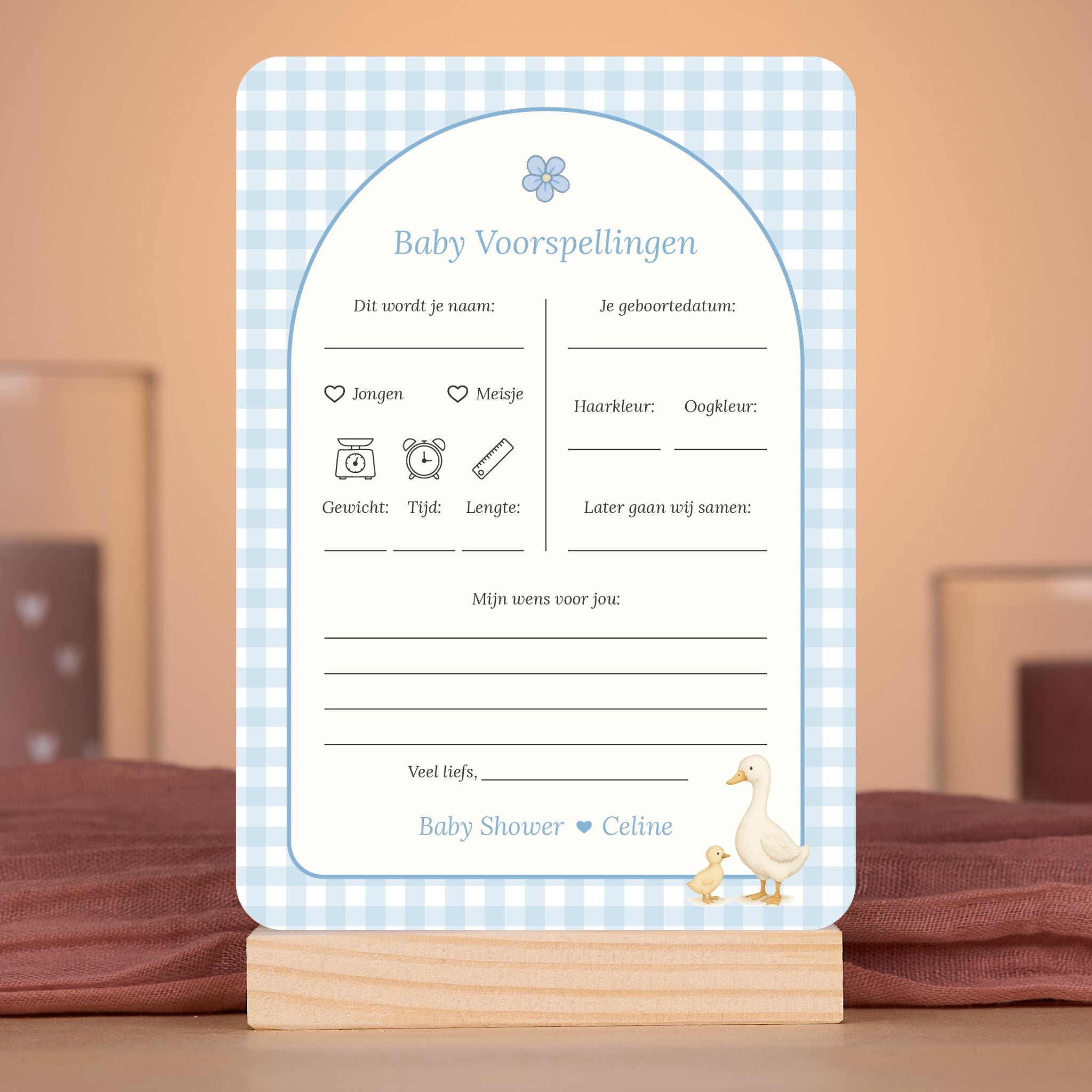Baby Voorspellingen kaart in gingham blauw met gansje in lichtblauwe tinten in sfeervolle babyshower setting – Studio Miron