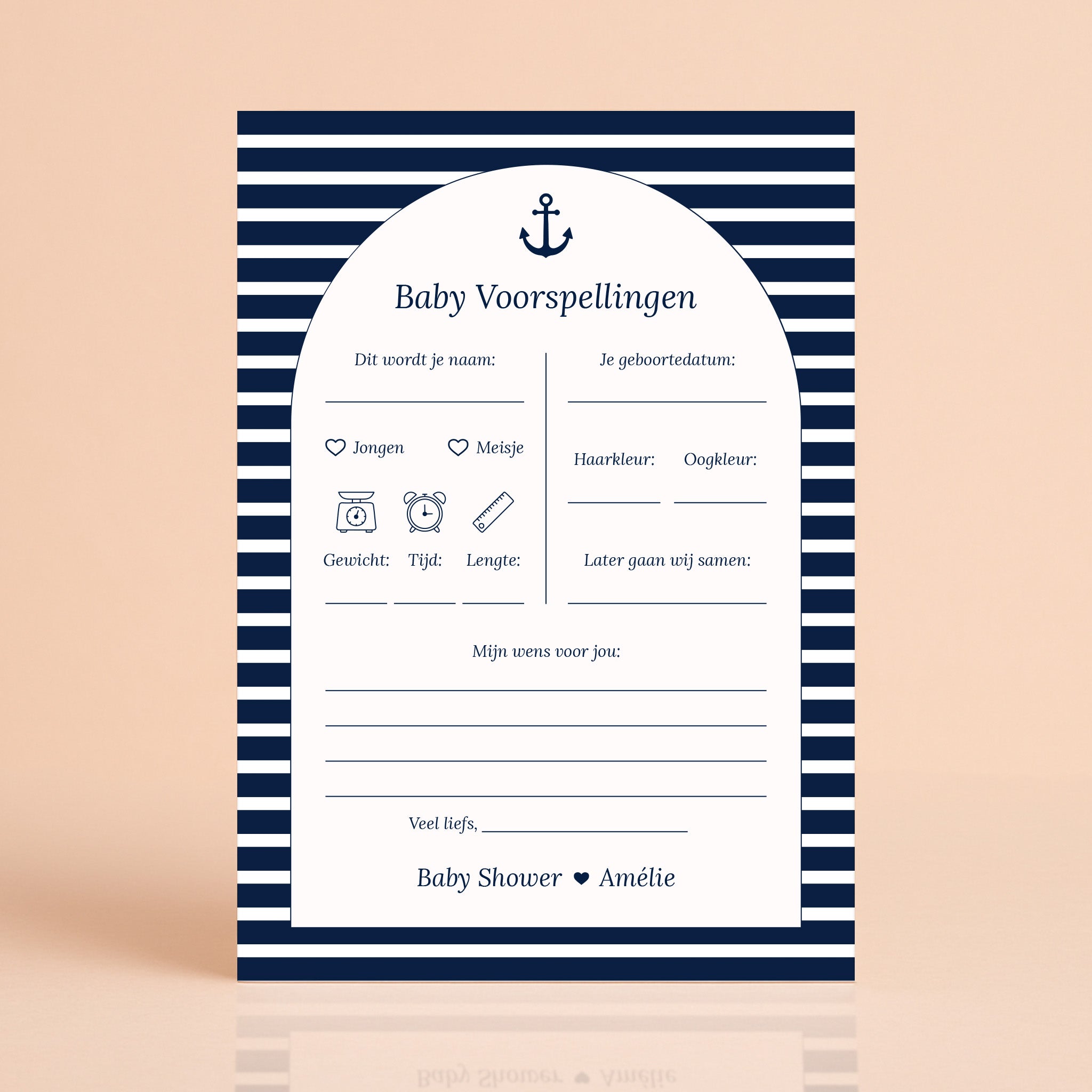 Baby Voorspellingen kaart in Navy Blue met streepjes, gepersonaliseerd met naam, Studio Miron