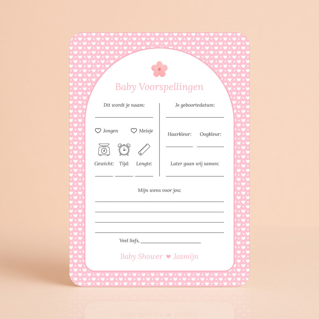 Baby Voorspellingen kaart met witte hartjes op roze achtergrond en bloemaccent, gepersonaliseerd met naam – Studio Miron