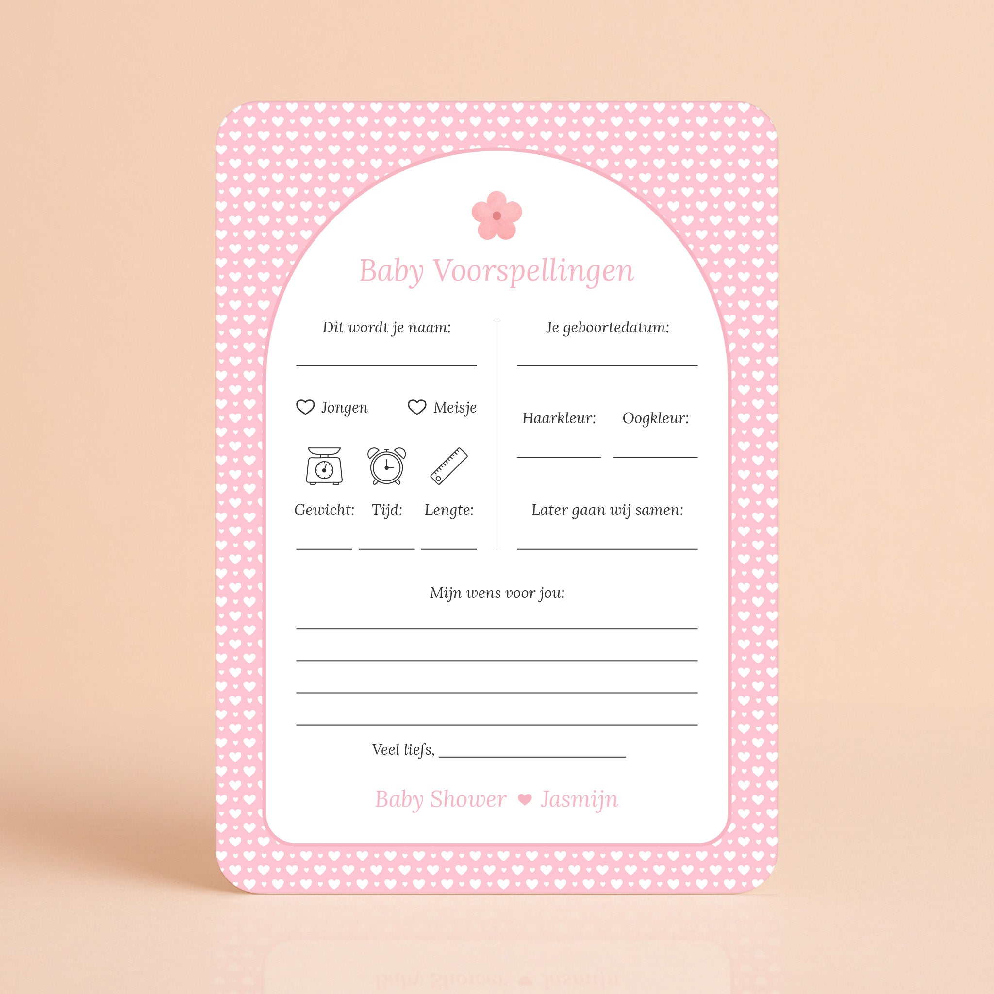 Baby Voorspellingen kaart met witte hartjes op roze achtergrond en bloemaccent, gepersonaliseerd met naam – Studio Miron