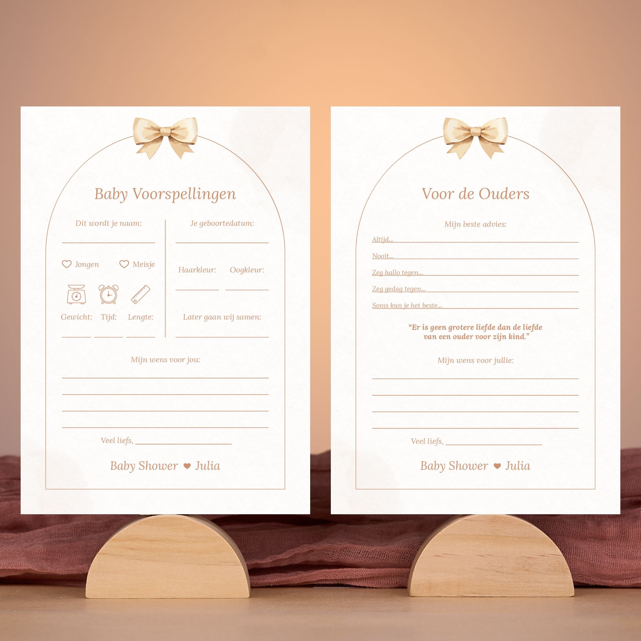 Set van Baby Voorspellingen en Voor de Ouders kaarten in boho stijl met zachte beige en zandtinten, gepersonaliseerd met naam – Studio Miron