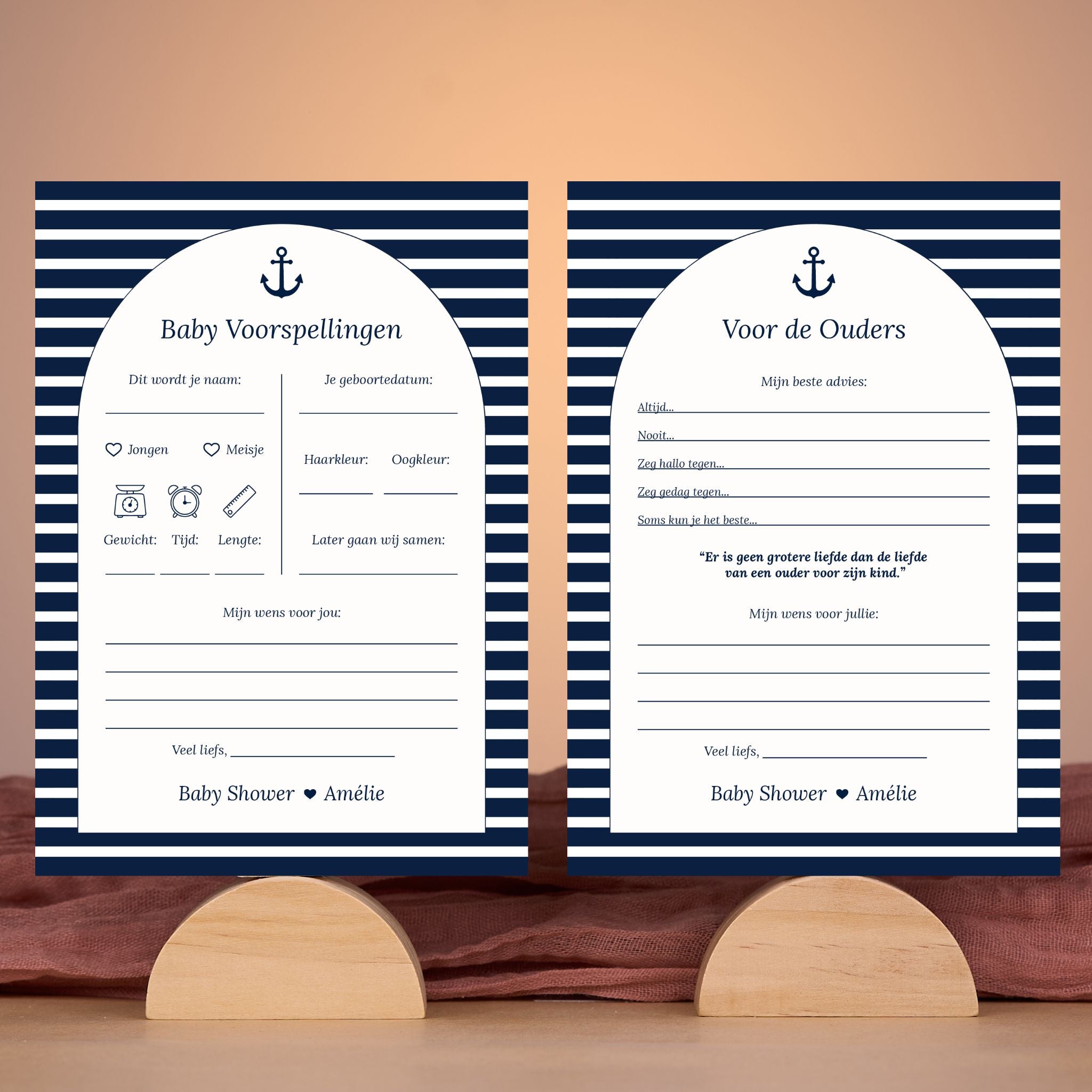 Baby Voorspellingen en Voor de Ouders set in Navy Blue in elegante babyshower setting met decoratie, Studio Miron