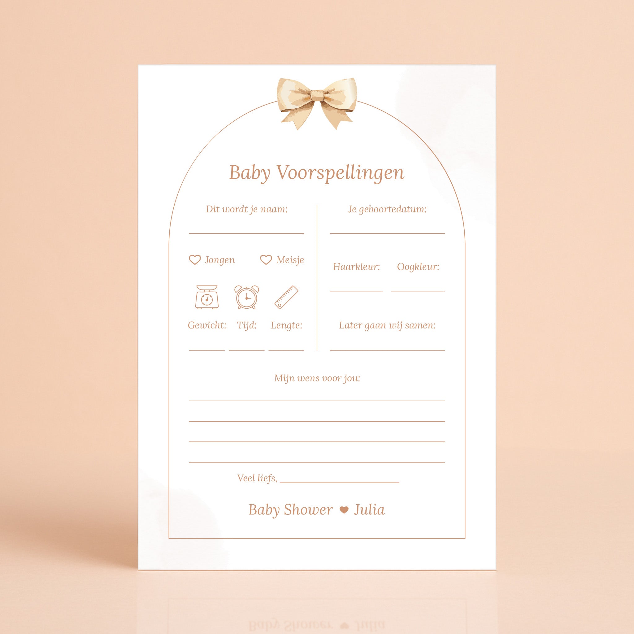 Boho babyshower voorspellingenkaart met beige tinten en strik, gepersonaliseerd met naam – Studio Miron
