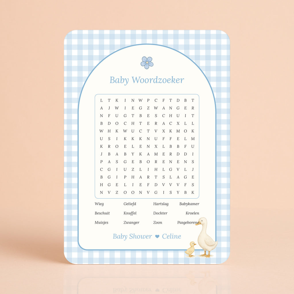 Baby Woordzoeker kaart in gingham blauw met gansje, gepersonaliseerd met naam, Studio Miron
