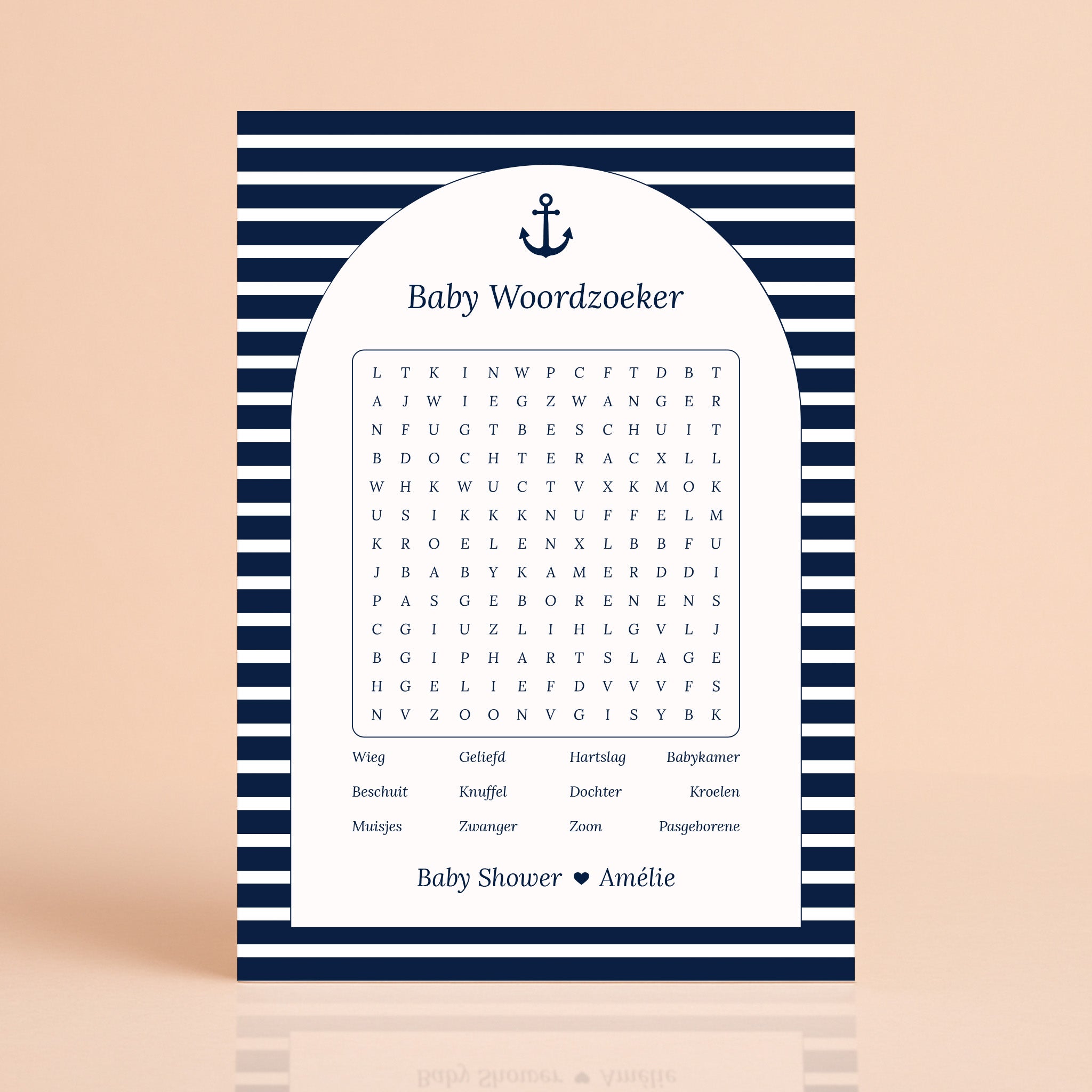 Baby Woordzoeker kaart in Navy Blue met streepjes, gepersonaliseerd met naam, Studio Miron