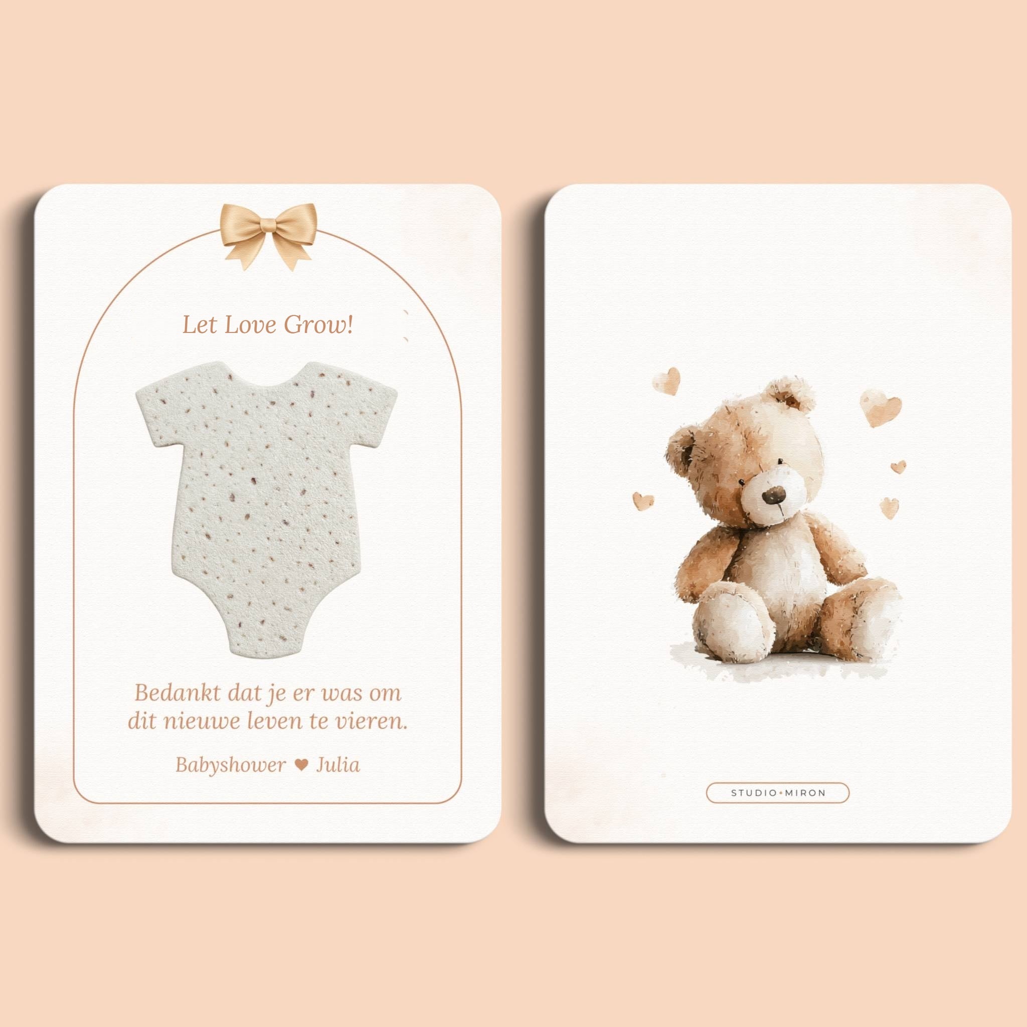Babyshower cadeau bedankje zaadpapier rompertje boho beige beertje voor en achter Studio Miron