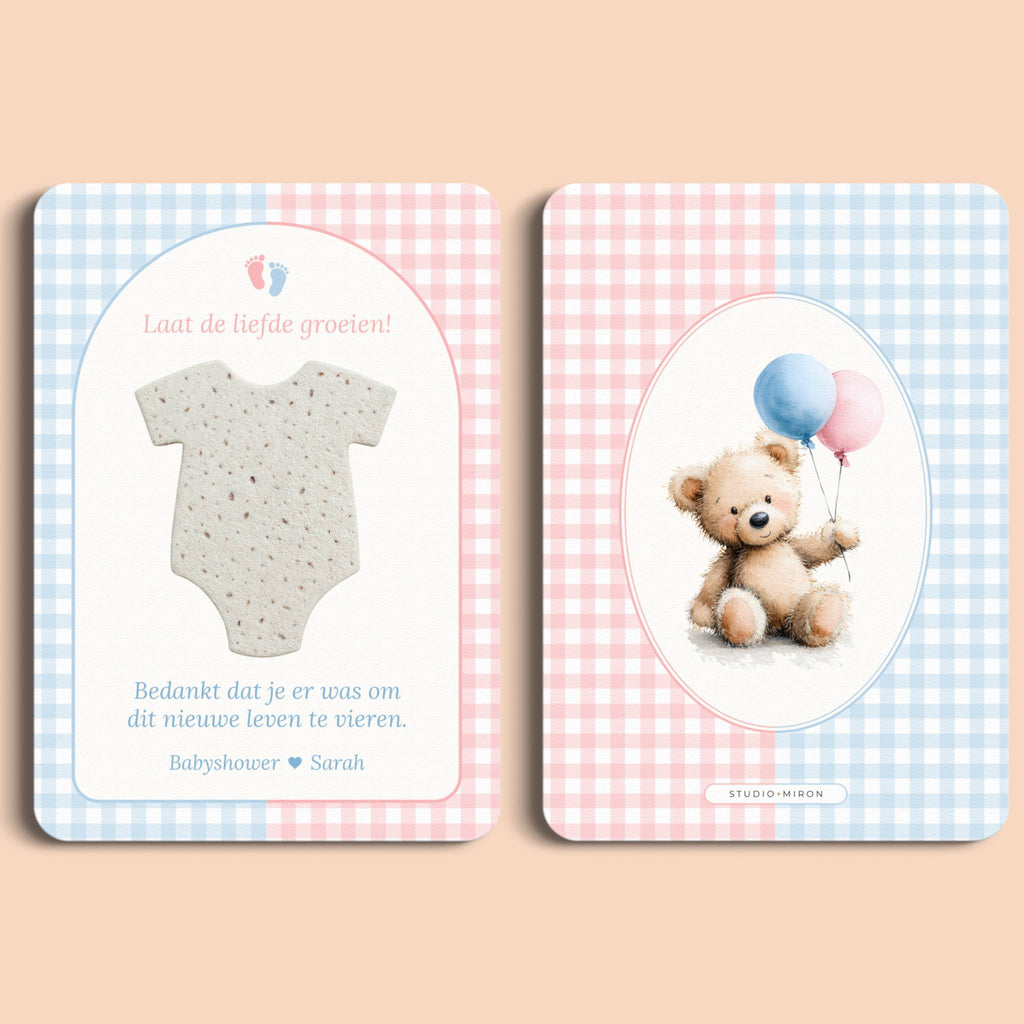 Zaadpapier Rompertje Cadeau | Gingham Roze-Blauw