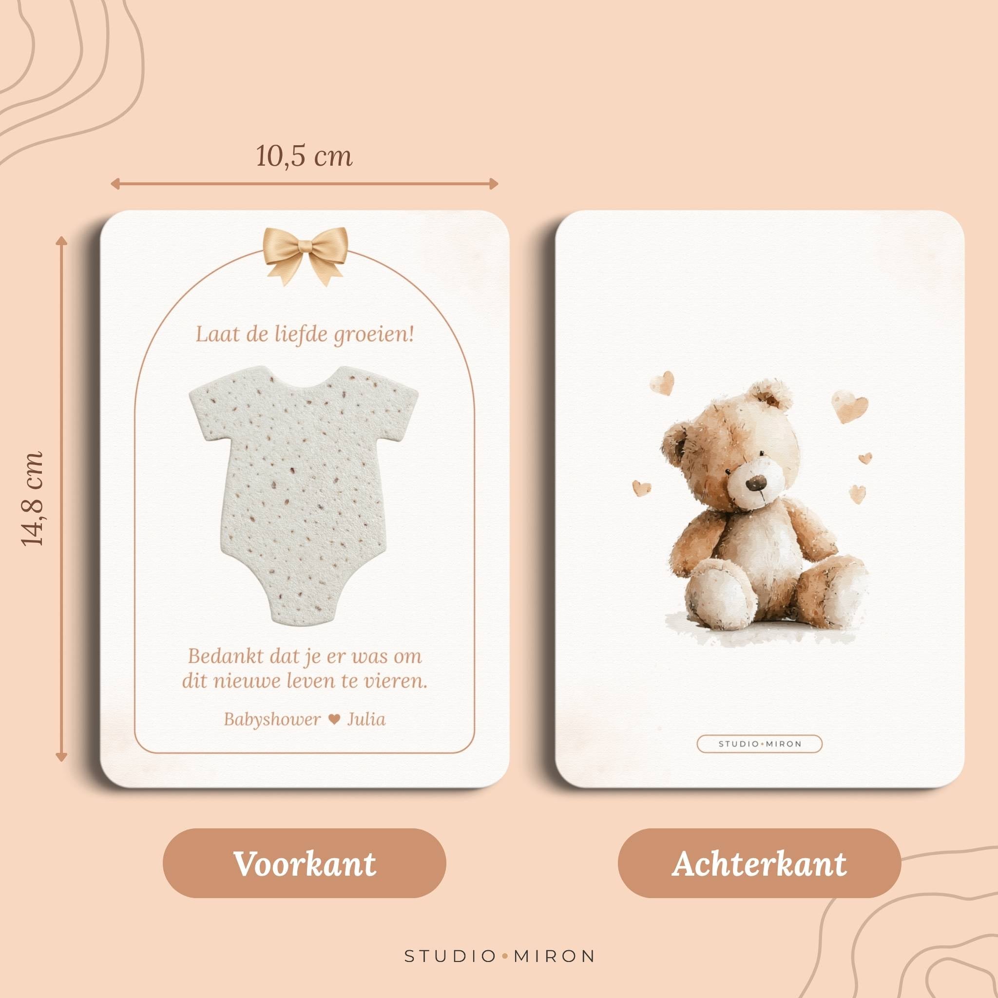 Babyshower cadeau Zaadpapier Rompertje in Boho Beige Beertje stijl, formaat voorkant en achterkant – Studio Miron