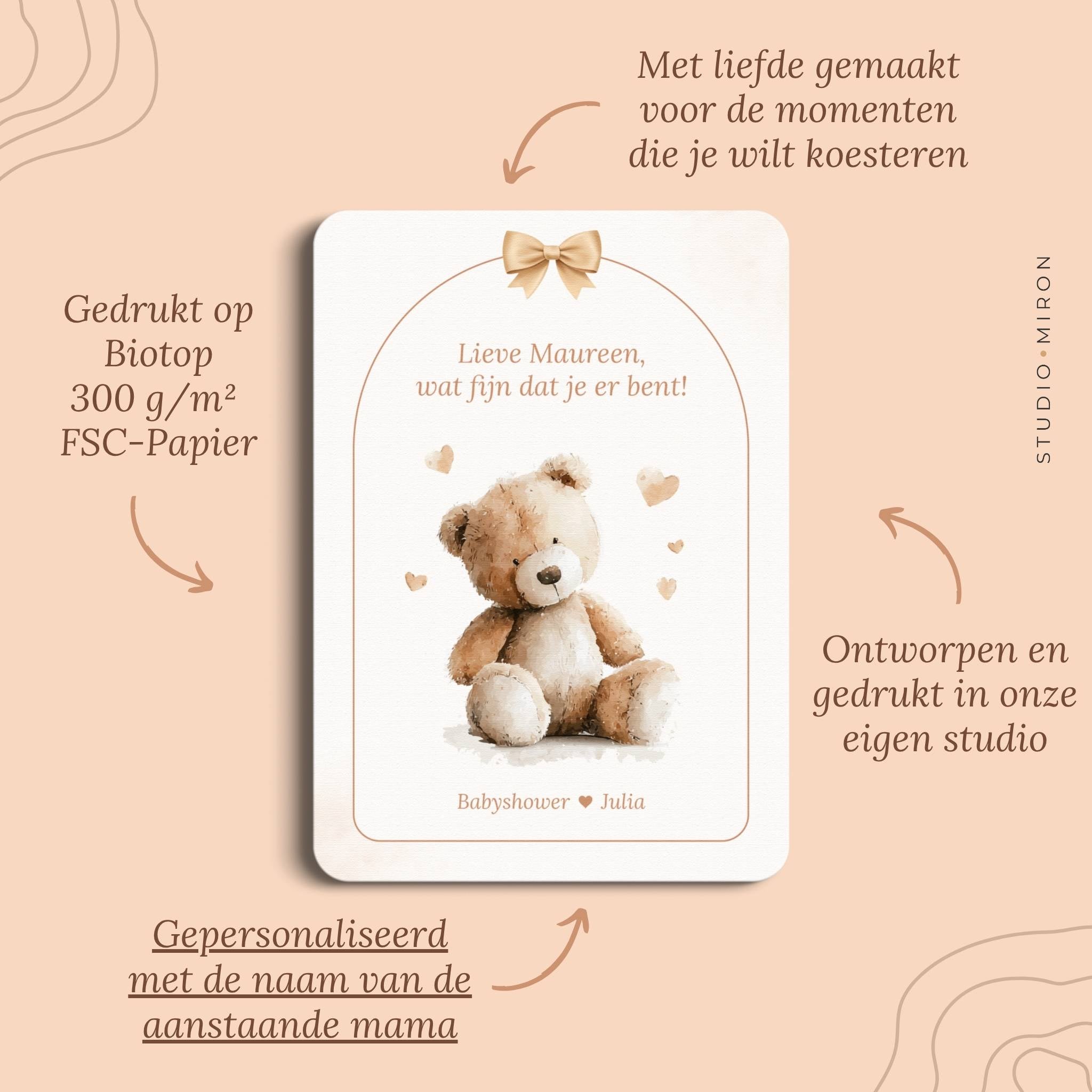 Babyshower decoratie Welkomstposter en Naamkaart in Boho Beige Beertje stijl, pluspunten – Studio Miron