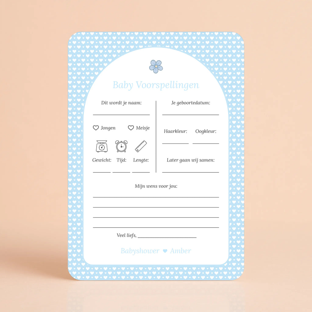 Babyshower invulkaart Baby Voorspellingen in Blauwe Hartjes stijl, gepersonaliseerd met naam – Studio Miron