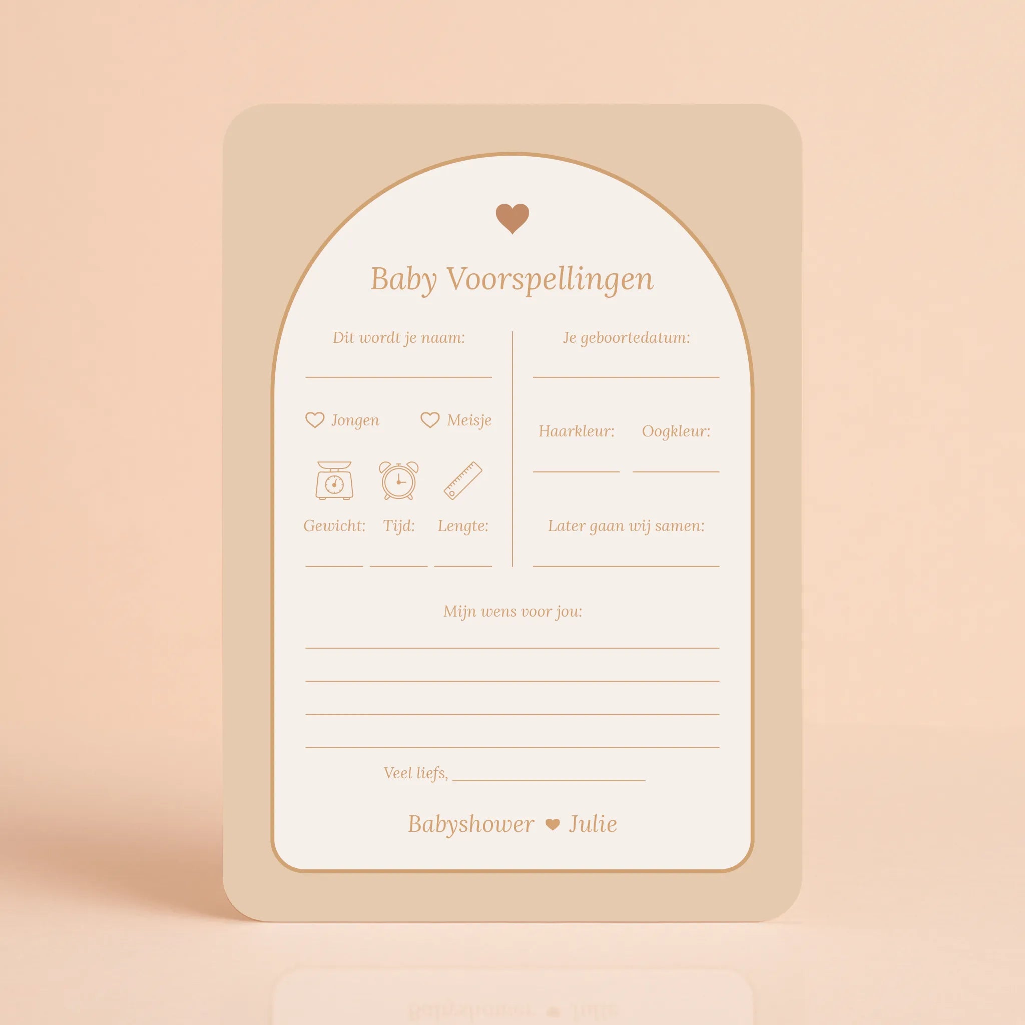 Babyshower invulkaart Baby Voorspellingen in Boho met Hartje stijl, gepersonaliseerd met naam – Studio Miron