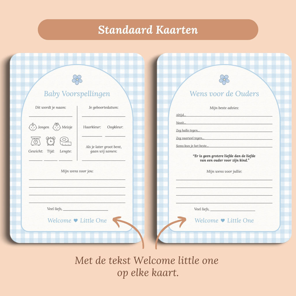 Babyshower invulkaarten baby voorspellingen gingham blauw standaard voor en achter Studio Miron