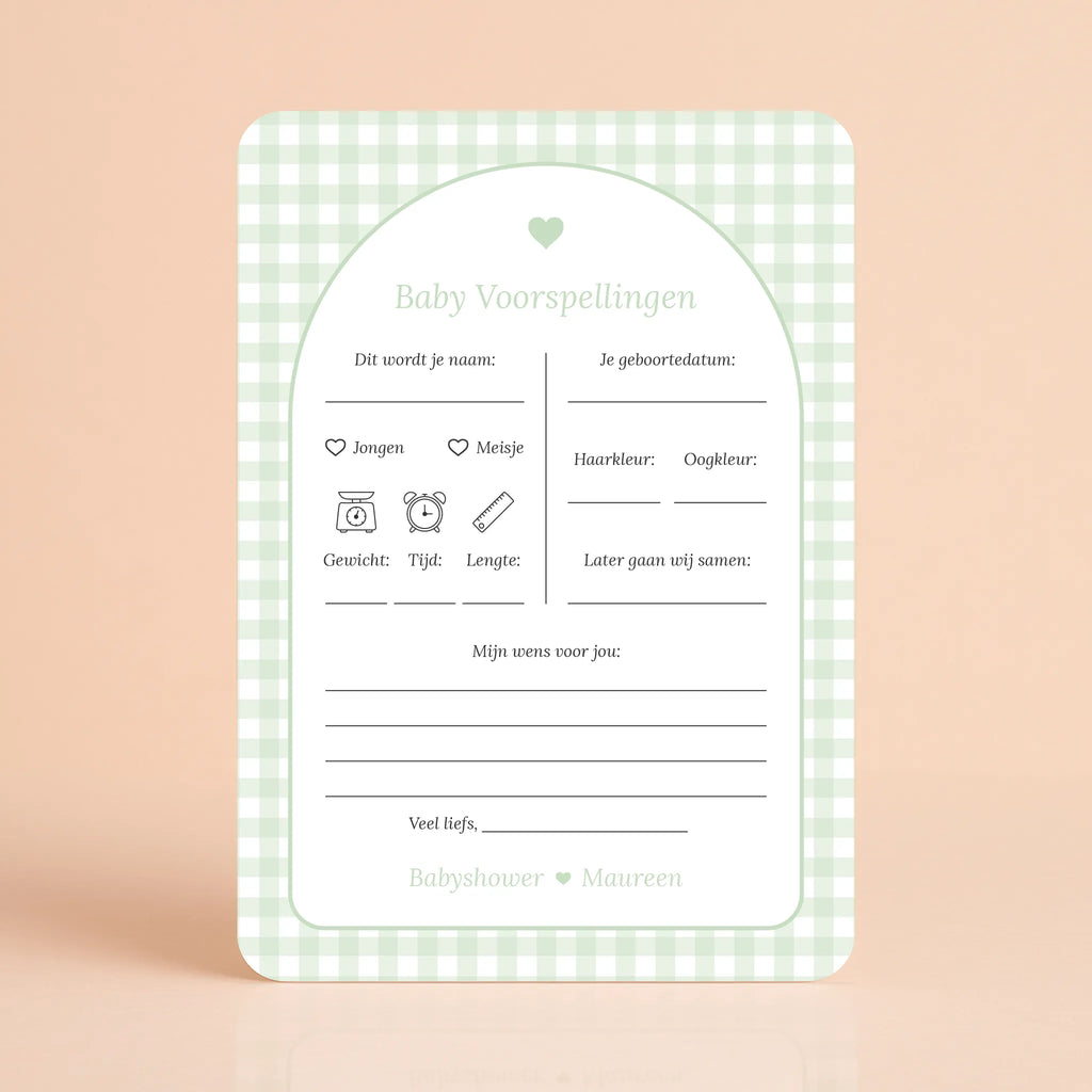 Babyshower invulkaart Baby Voorspellingen in gingham groen stijl, gepersonaliseerd met naam – Studio Miron