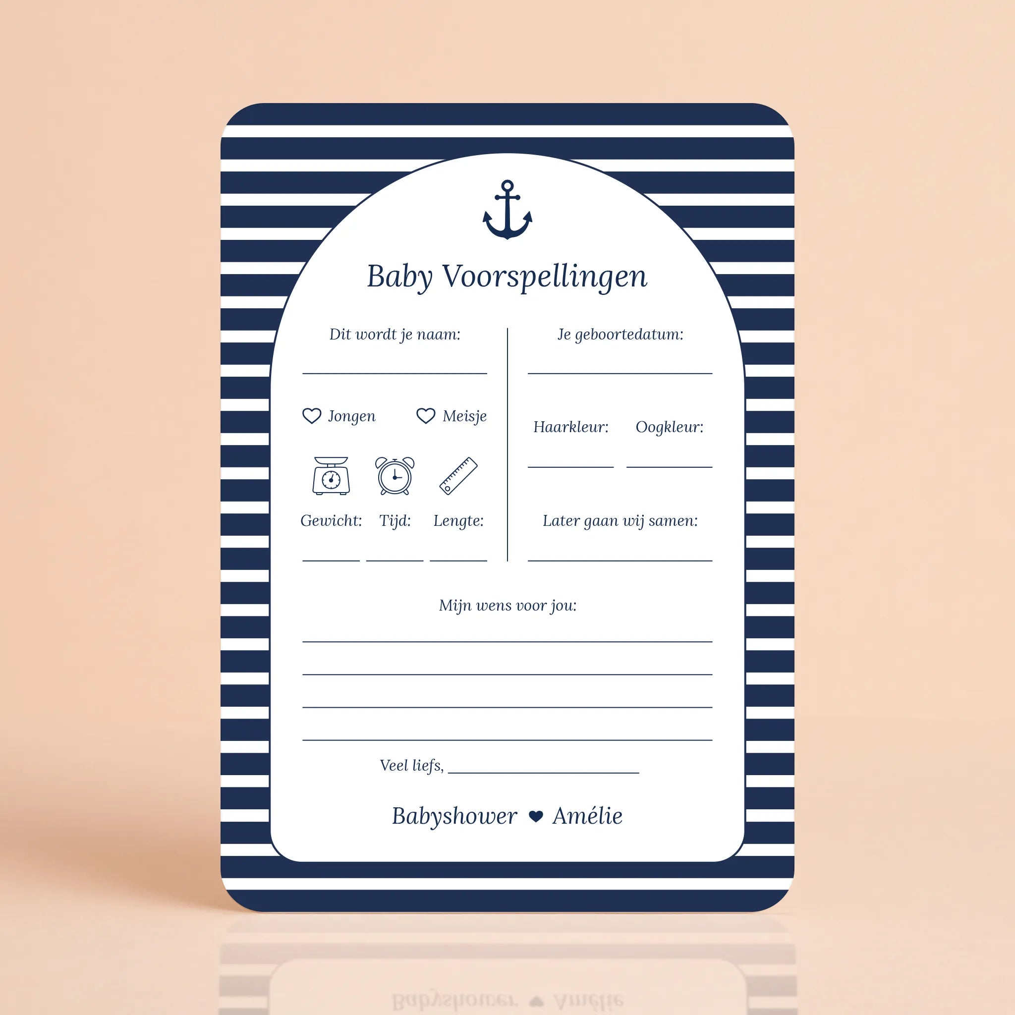 Babyshower invulkaart Baby Voorspellingen in Navy Blue stijl, gepersonaliseerd met naam – Studio Miron