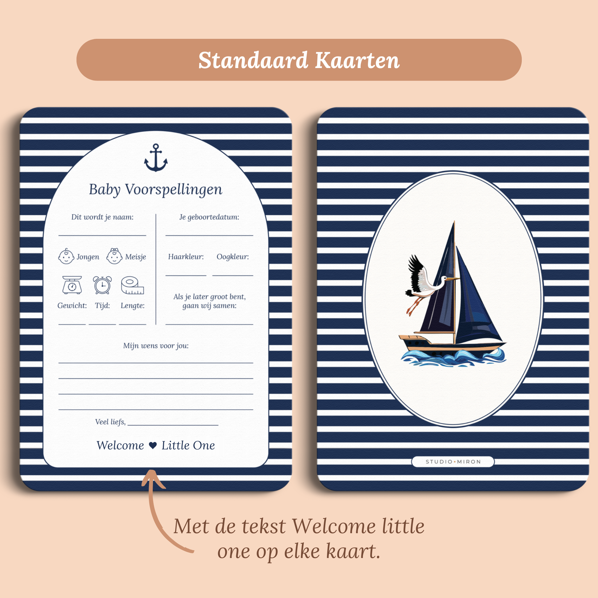 Babyshower invulkaart Baby Voorspellingen in Navy Blue stijl, standaardversie met Welcome Little One – Studio Miron