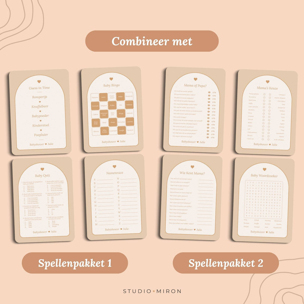 Babyshower invulkaarten Combineer met Spellenpakket 1 en Spellenpakket 2 in Boho Beige Zand stijl – Studio Miron