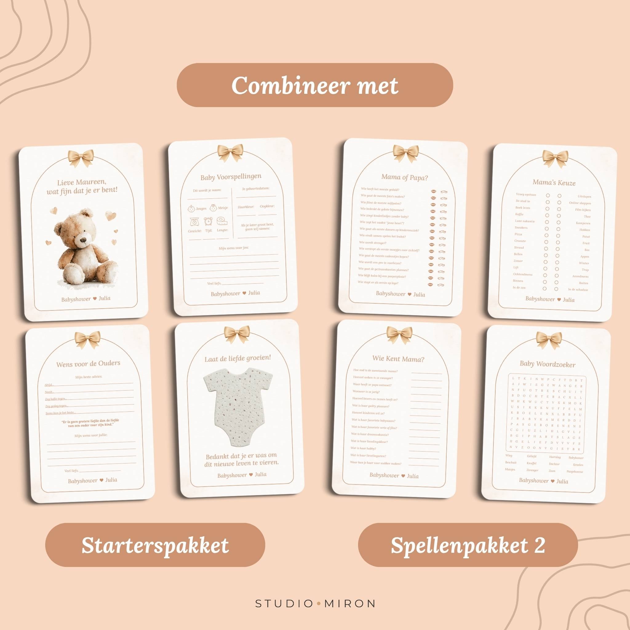 Babyshower invulkaarten combineren met Starterspakket en Spellenpakket 2 in Boho Beige Beer stijl van Studio Miron