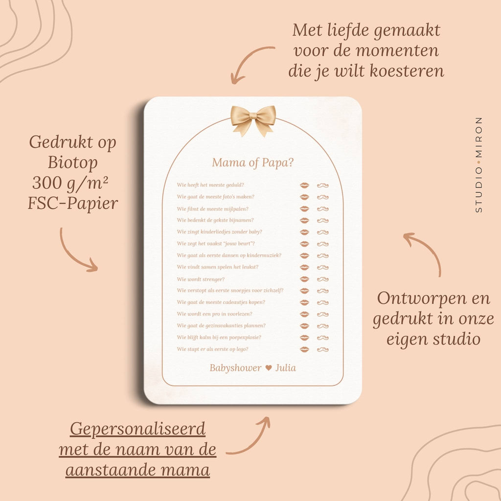 Pluspunten van de babyshower invulkaart Mama of Papa in Boho Beige Beer stijl van Studio Miron