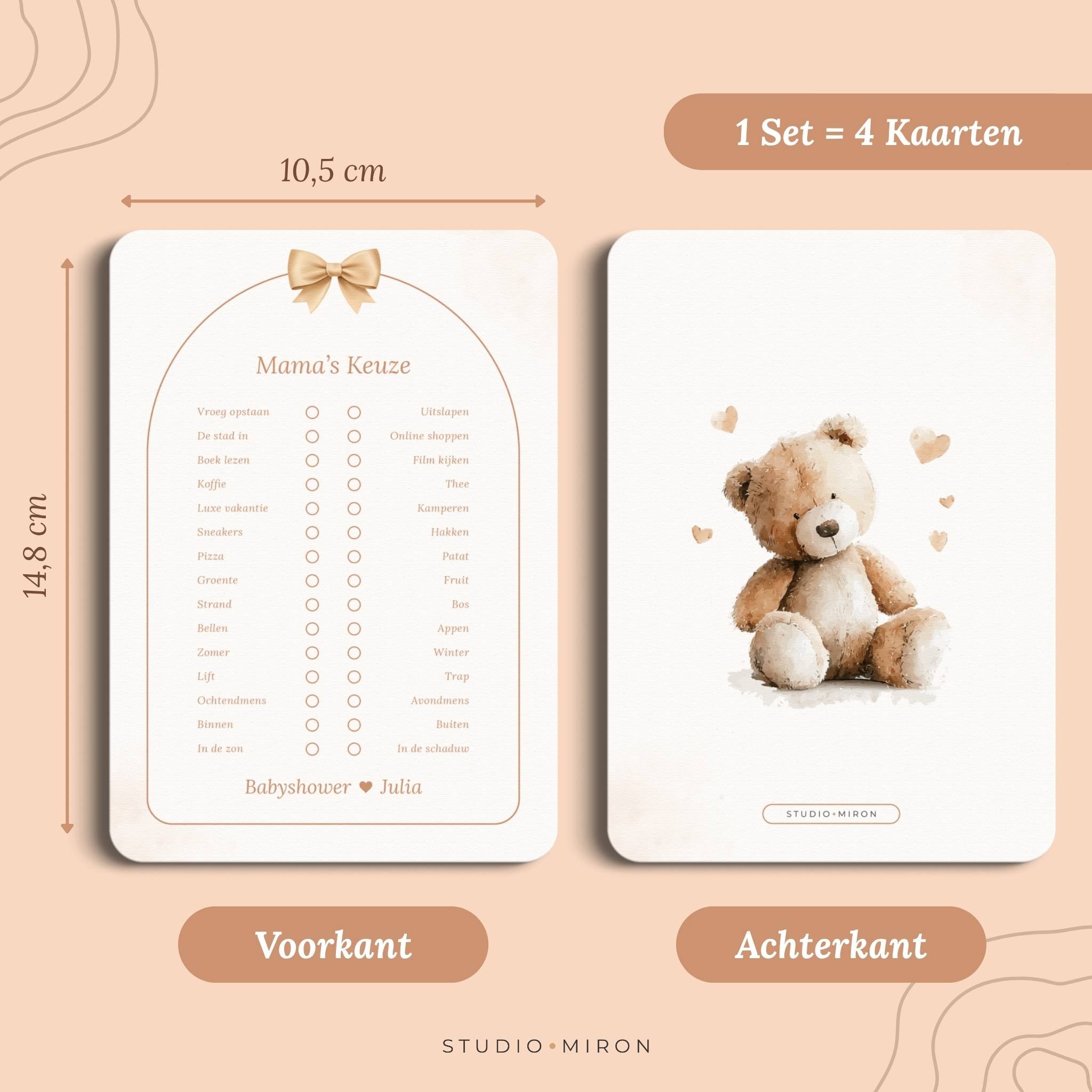 Babyshower invulkaart Mama’s Keuze in Boho Beige Beer stijl met formaat en achterkant, Studio Miron