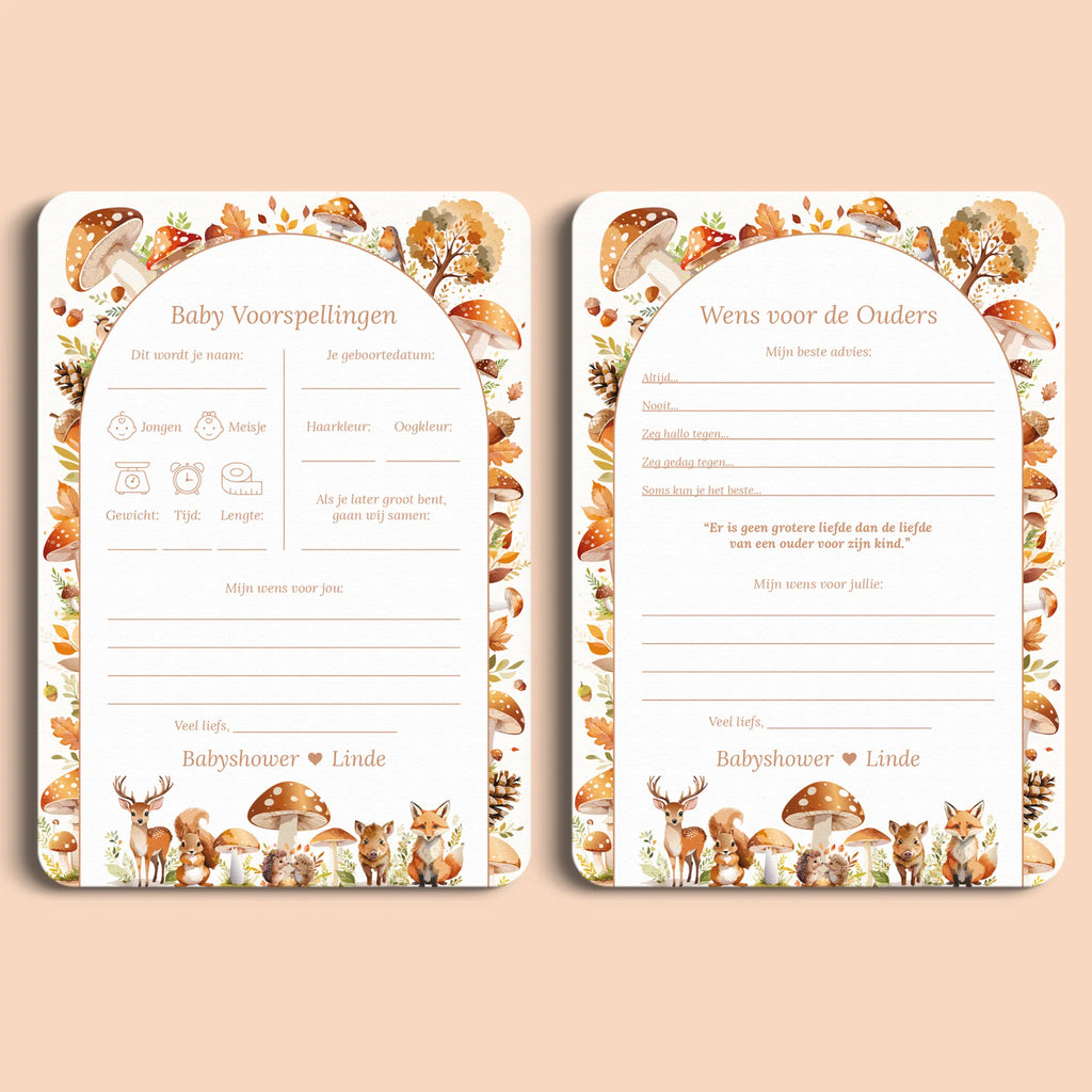 Babyshower invulkaarten Pakket in Bosdieren stijl, gepersonaliseerd met naam – Studio Miron