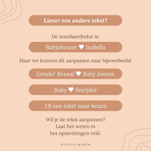 Voorbeeld van personalisatie bij babyshower invulkaarten met eigen tekst, zoals Babyshower Isabella of Gender Reveal Baby Jansen van Studio Miron