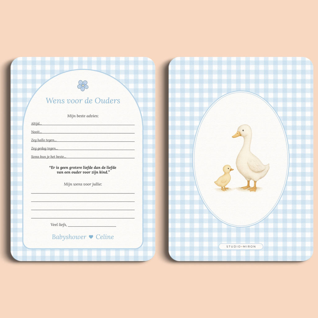 Babyshower invulkaarten wens voor de ouders gingham blauw voor en achter Studio Miron