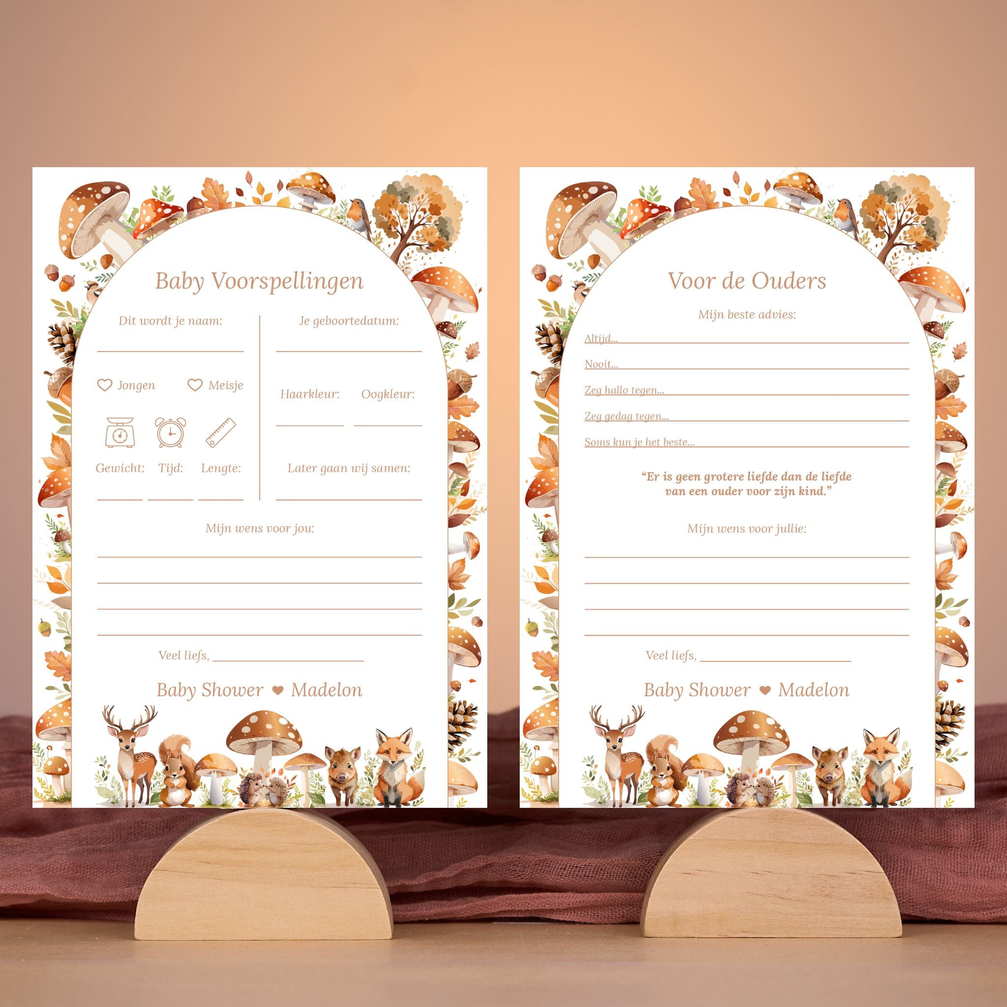 Babyshower kaarten set in Bosdieren stijl in sfeervolle setting met herfstdecoratie – Studio Miron