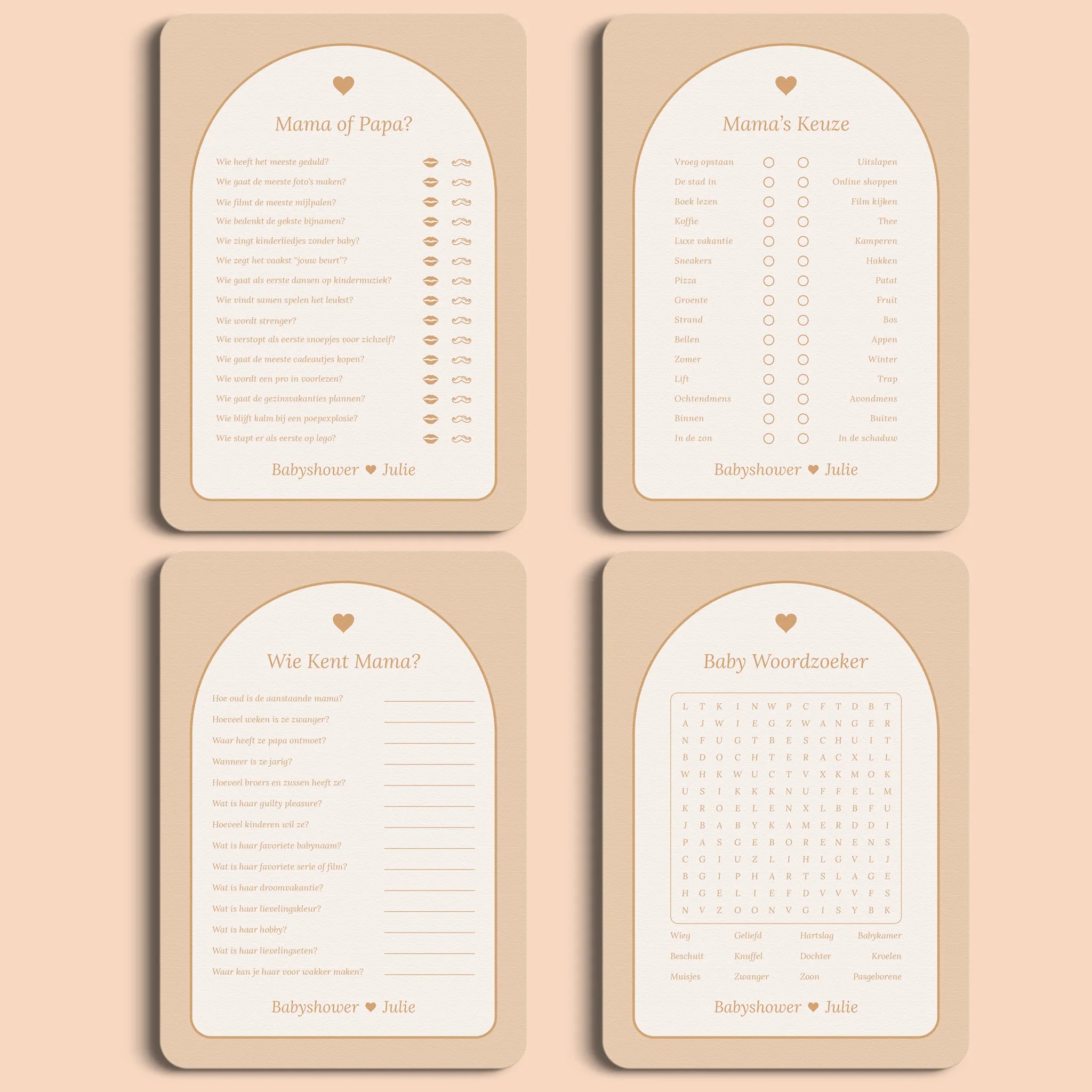 Babyshower Spellenpakket 2 in Boho Hart stijl, inclusief vier babyshower spellen – Studio Miron