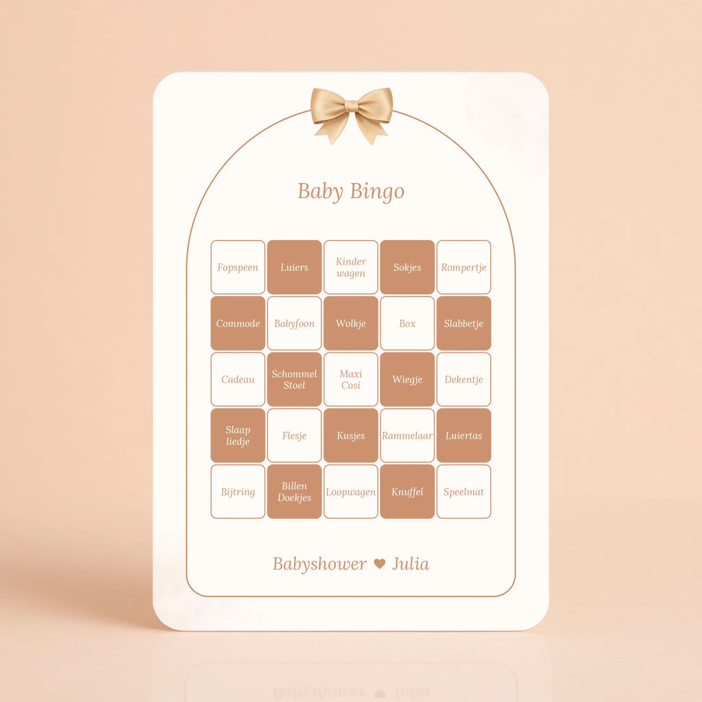 Babyshower spelkaart Baby Bingo in Boho Beige met Beertje stijl, gepersonaliseerd met naam – Studio Miron
