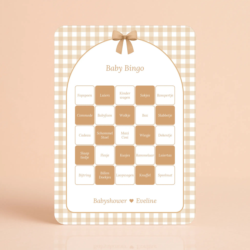 Babyshower spelkaart Baby Bingo in Gingham Bruin stijl, gepersonaliseerd met naam – Studio Miron