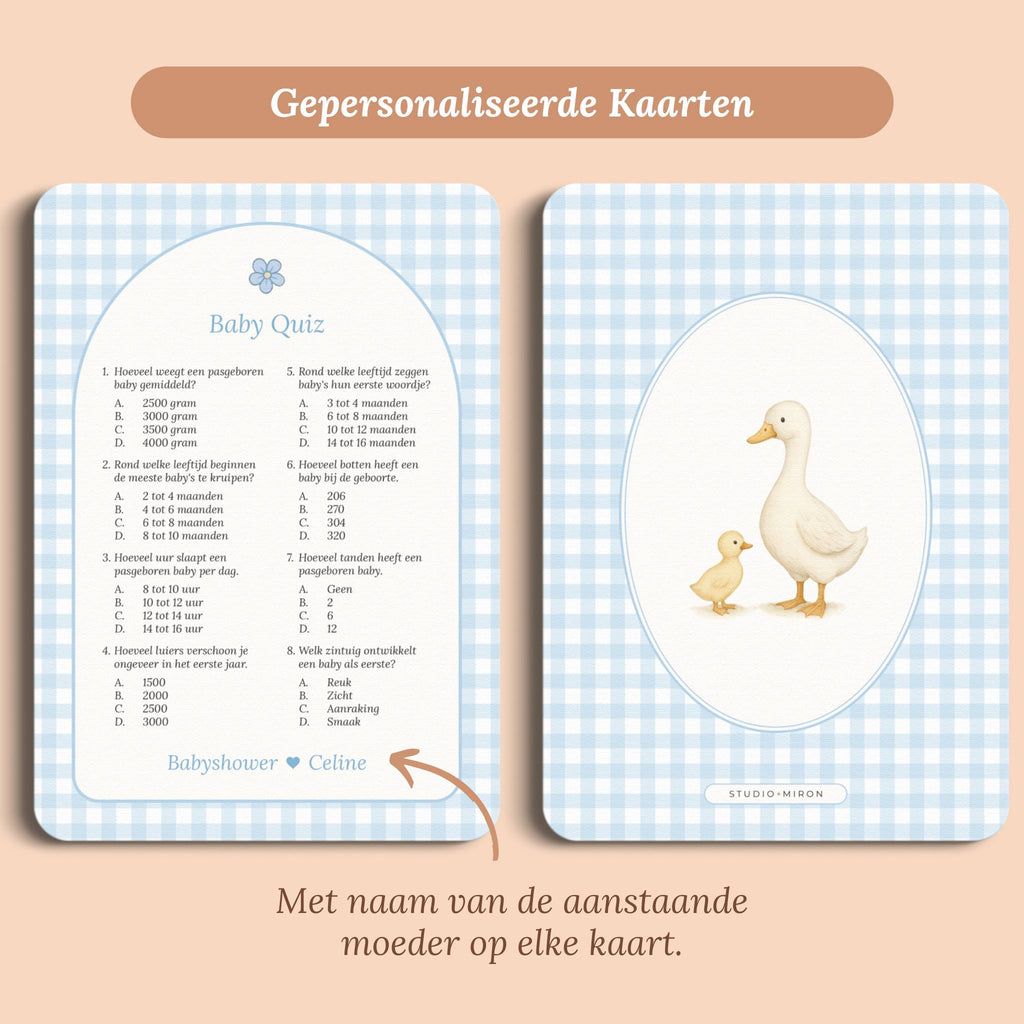 Babyshower spelletjes baby quiz gingham blauw gepersonaliseerd voor en achter Studio Miron