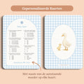 Babyshower spelletjes baby quiz gingham blauw gepersonaliseerd voor en achter Studio Miron