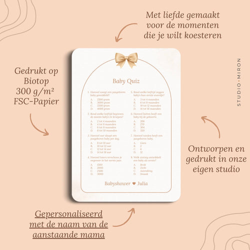 Babyshower spel Baby Quiz in Boho Beige Beertje stijl, pluspunten – Studio Miron