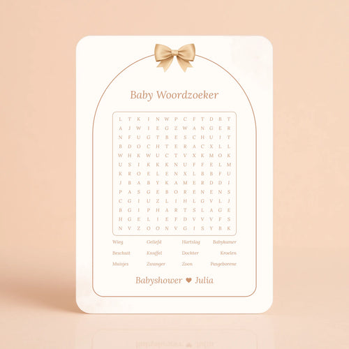 Babyshower spelkaart Baby Woordzoeker in Boho Beige met Beertje, gepersonaliseerd met naam – Studio Miron