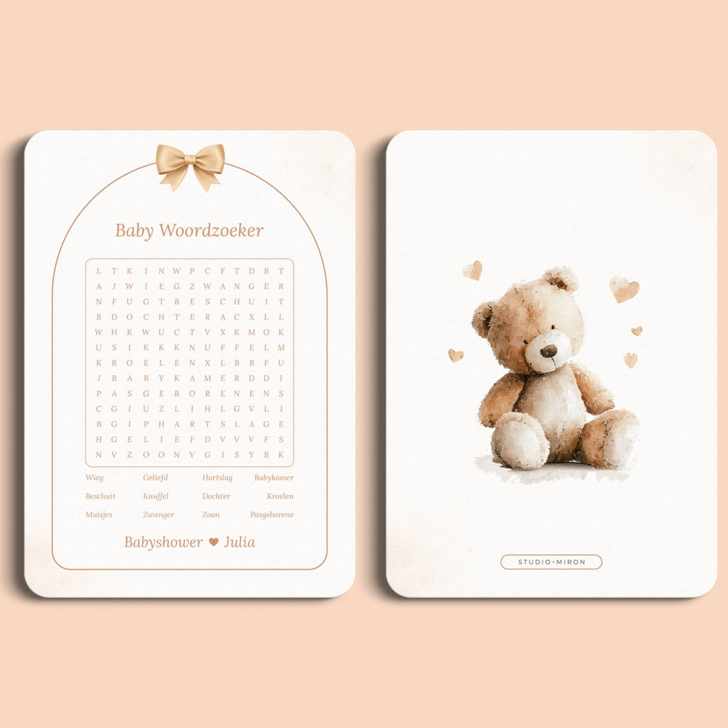Babyshower spelletjes baby woordzoeker boho beige beertje voor en achter Studio Miron