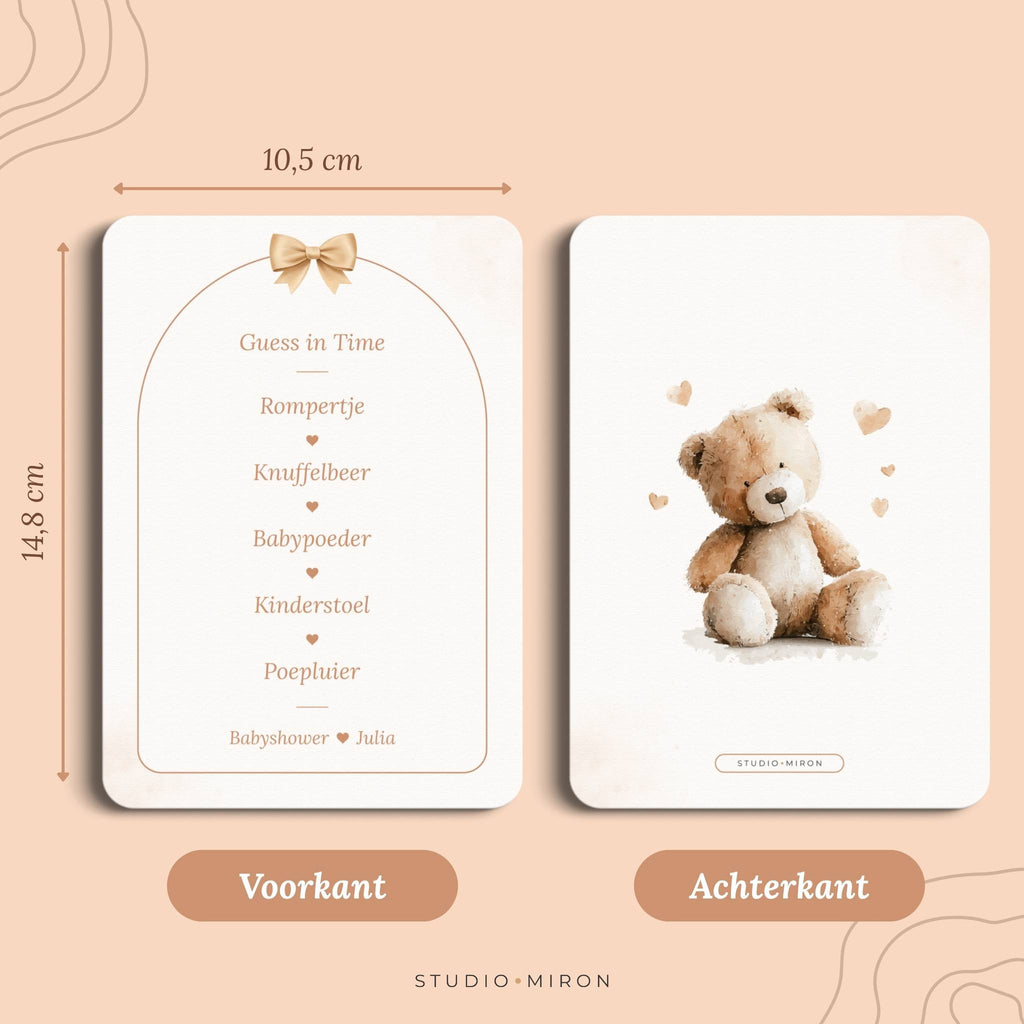 Babyshower spel Guess in Time in Boho Beige Beertje stijl, formaat voorkant en achterkant – Studio Miron