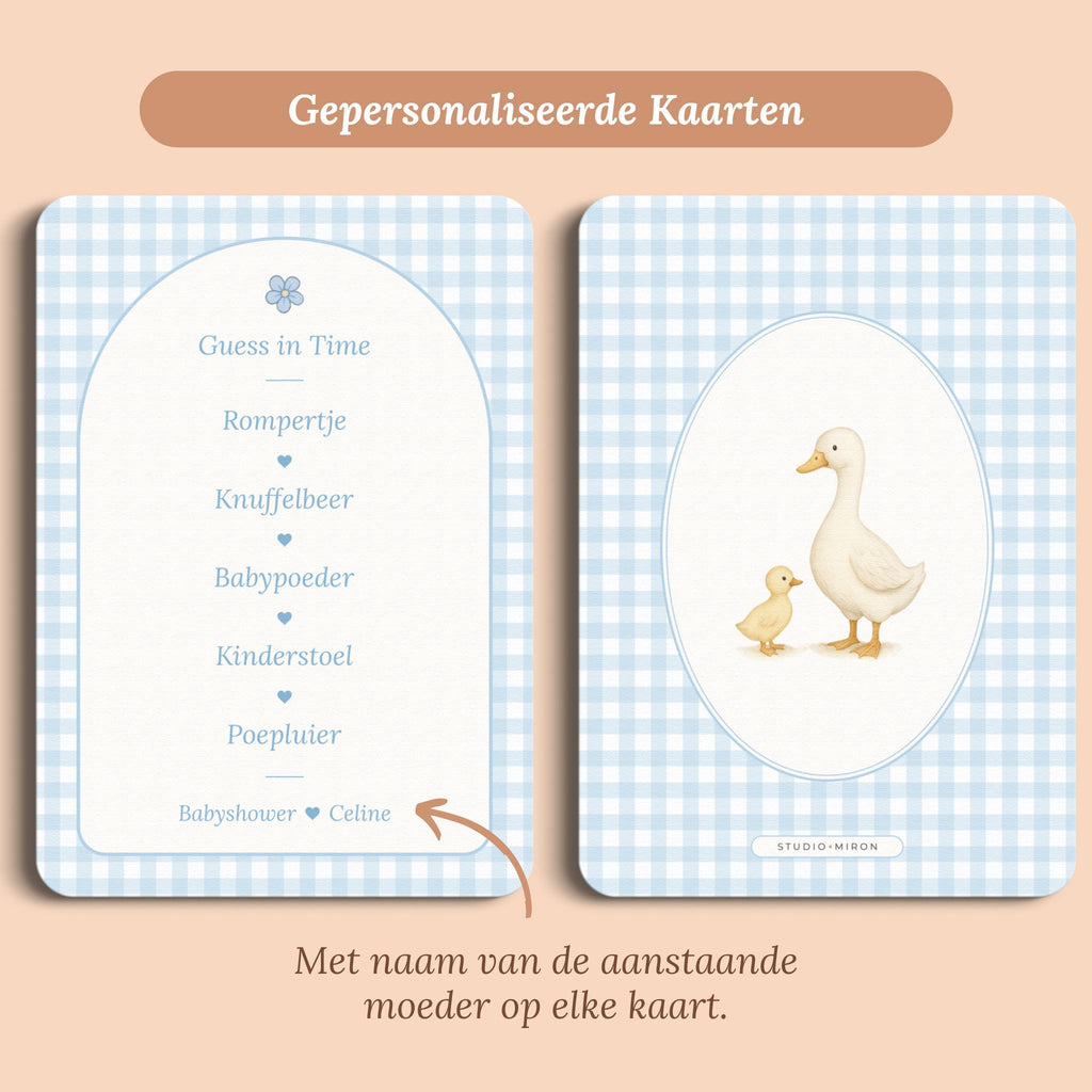 Babyshower spelletjes guess in time gingham blauw gepersonaliseerd voor en achter Studio Miron