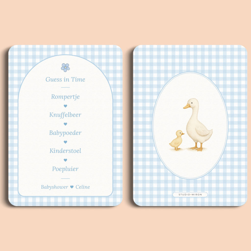 Babyshower spelletjes guess in time gingham blauw voor en achter Studio Miron