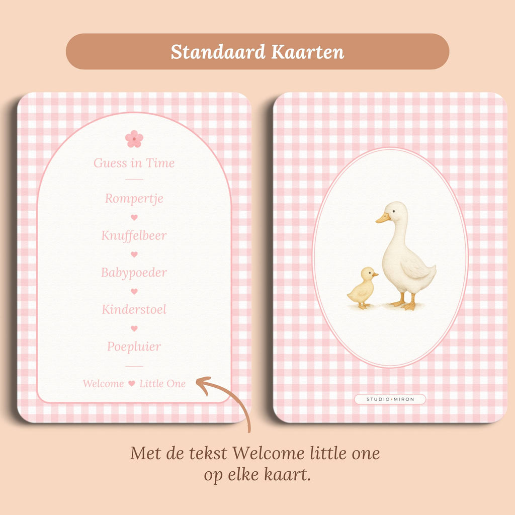 Babyshower spelletjes guess in time gingham roze standaard voor en achter Studio Miron