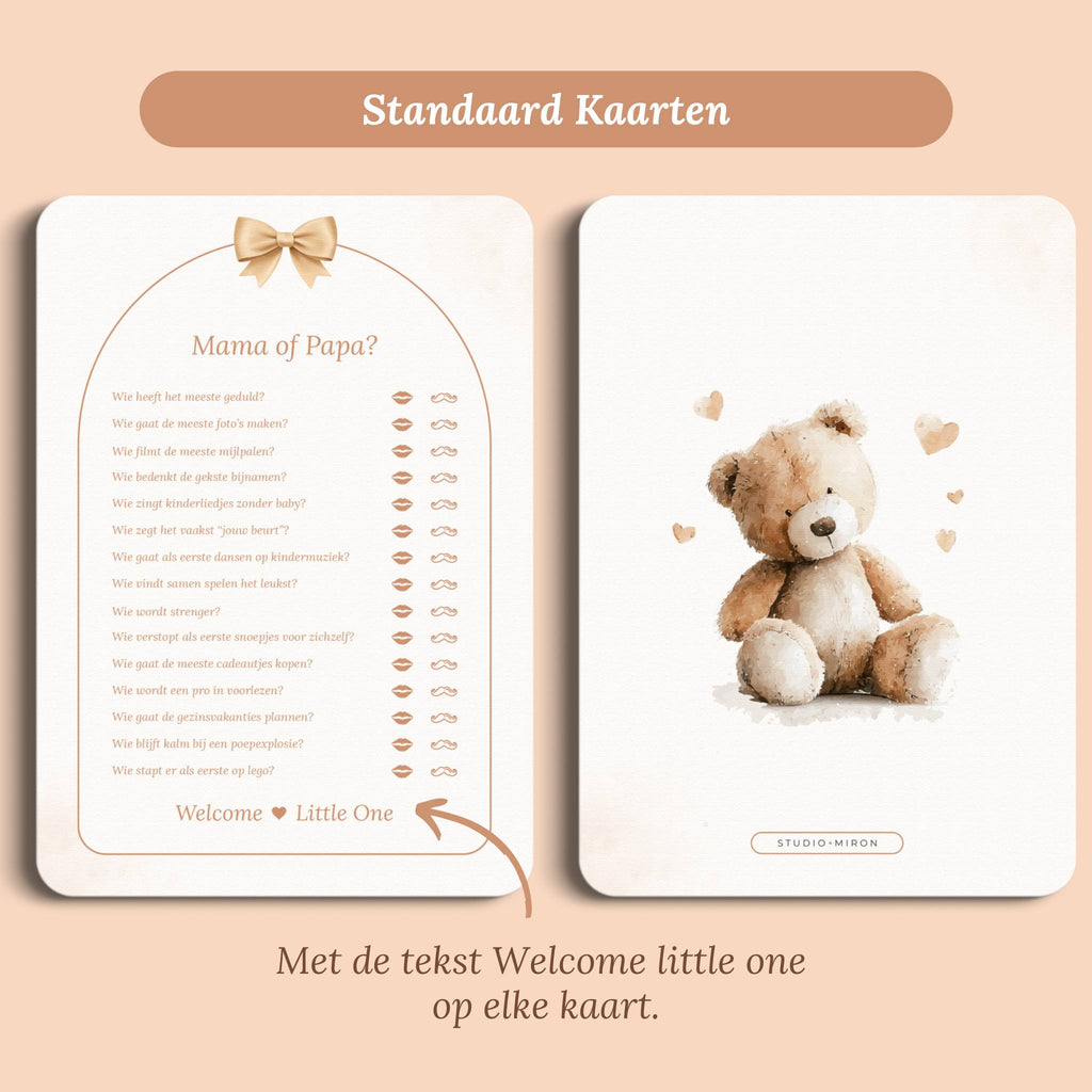 Babyshower spelletjes mama of papa boho beige beertje standaard voor en achter Studio Miron