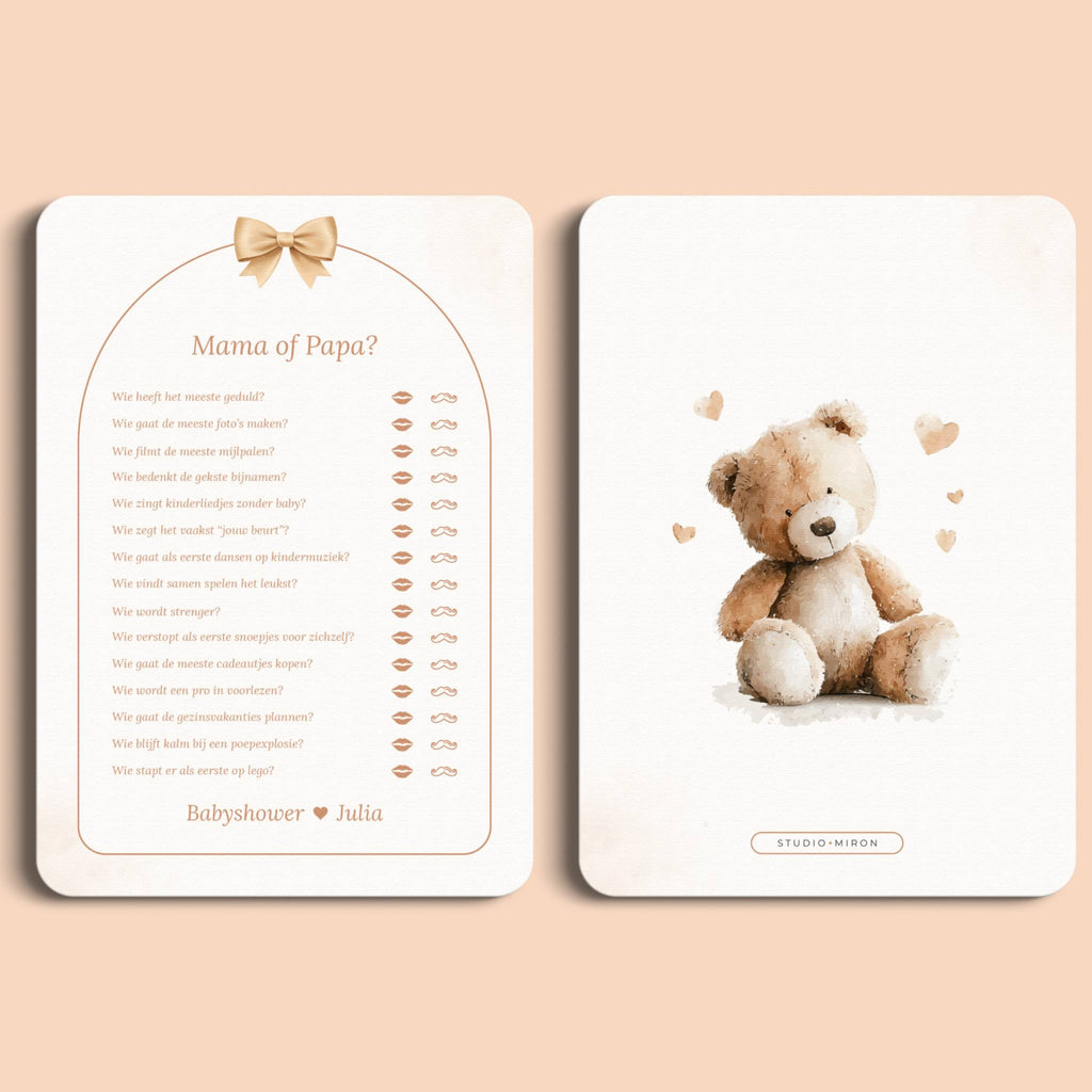 Babyshower spelletjes mama of papa boho beige beertje voor en achter Studio Miron