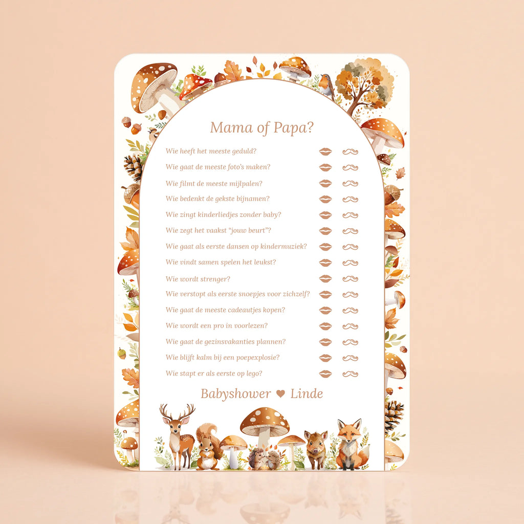 Babyshower spelkaart Mama of Papa in Bosdieren stijl, gepersonaliseerd met naam – Studio Miron